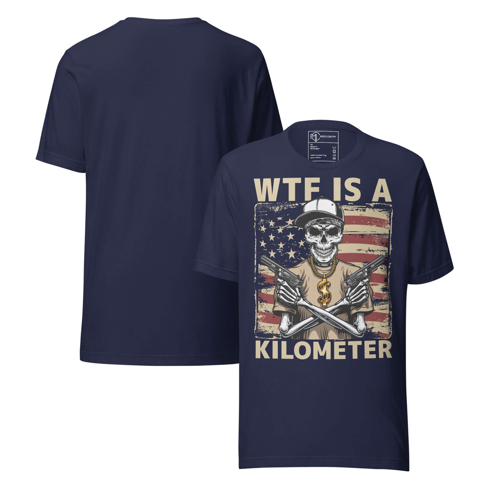 WTF Is a Kilometer Funny Patriotic Unisex T-Shirt featuring a skeleton gangster graphic with American flag.