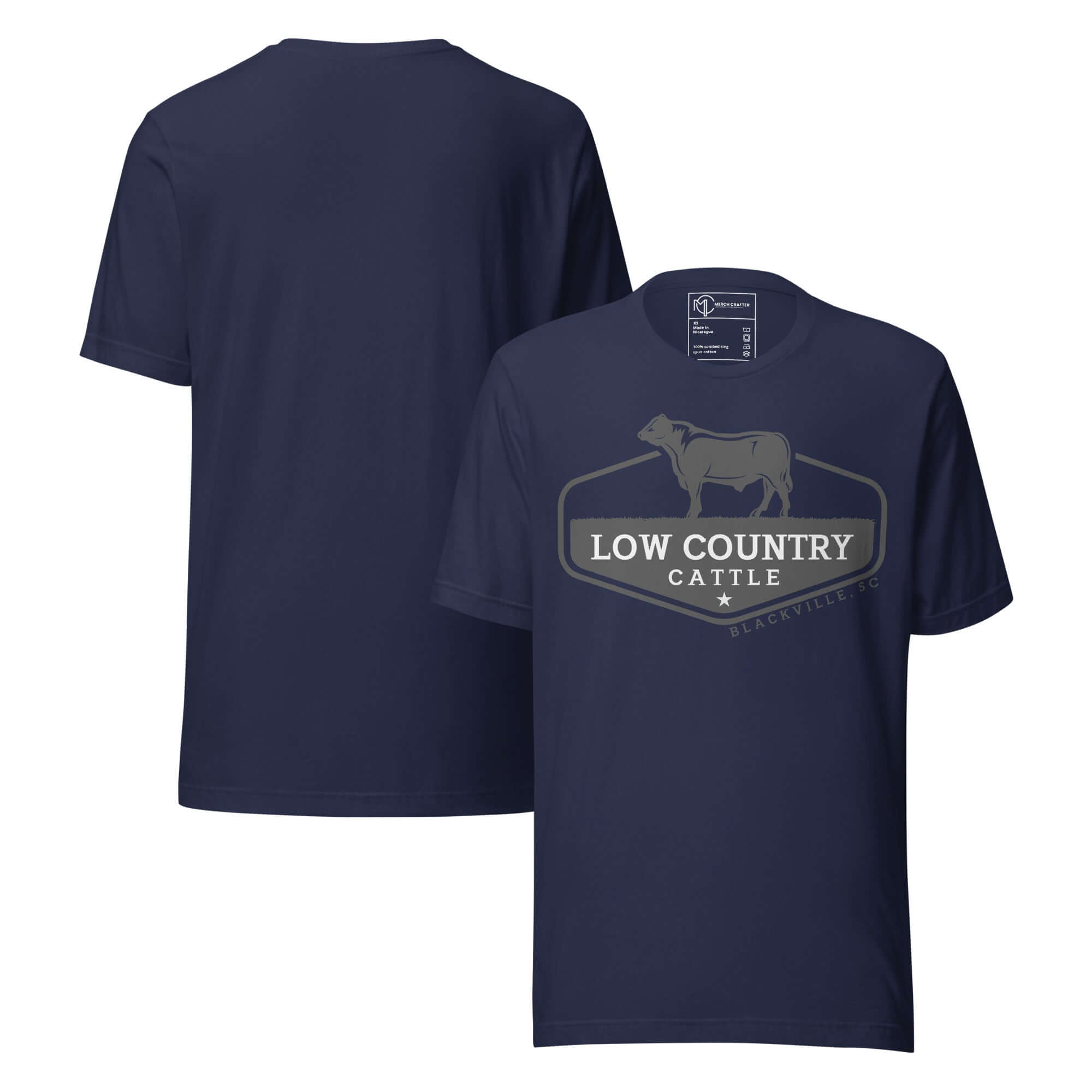 Low Country Cattle Ranch Pride Unisex T-Shirt featuring a bold cattle logo on a navy background.