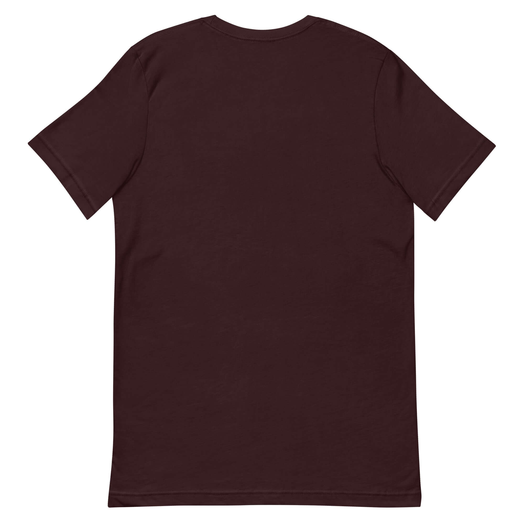 Back view of the dark maroon unisex t-shirt featuring a comfortable and relaxed fit.