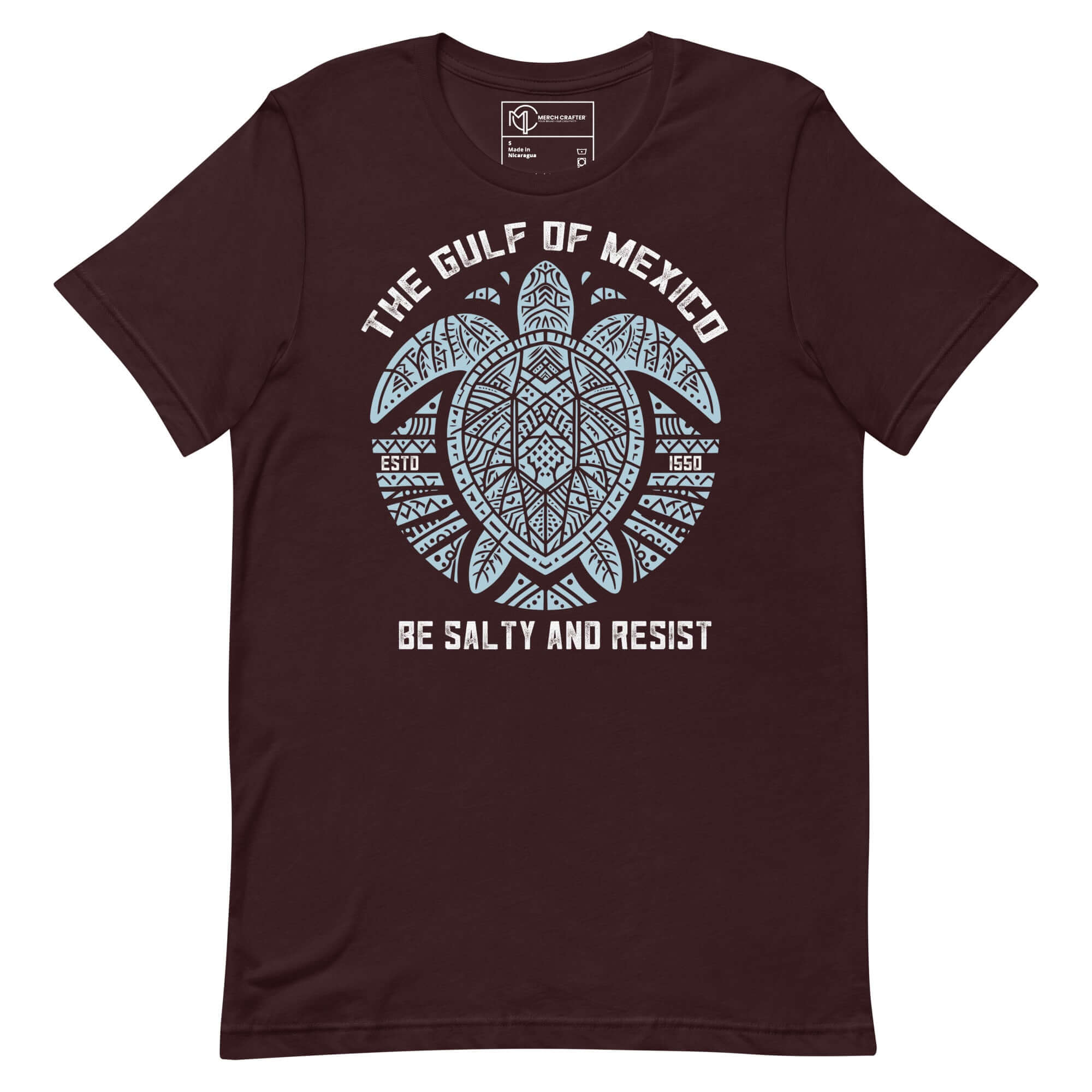 Gulf of Mexico tribal turtle t-shirt featuring 'Be Salty and Resist' design, promoting marine life awareness.