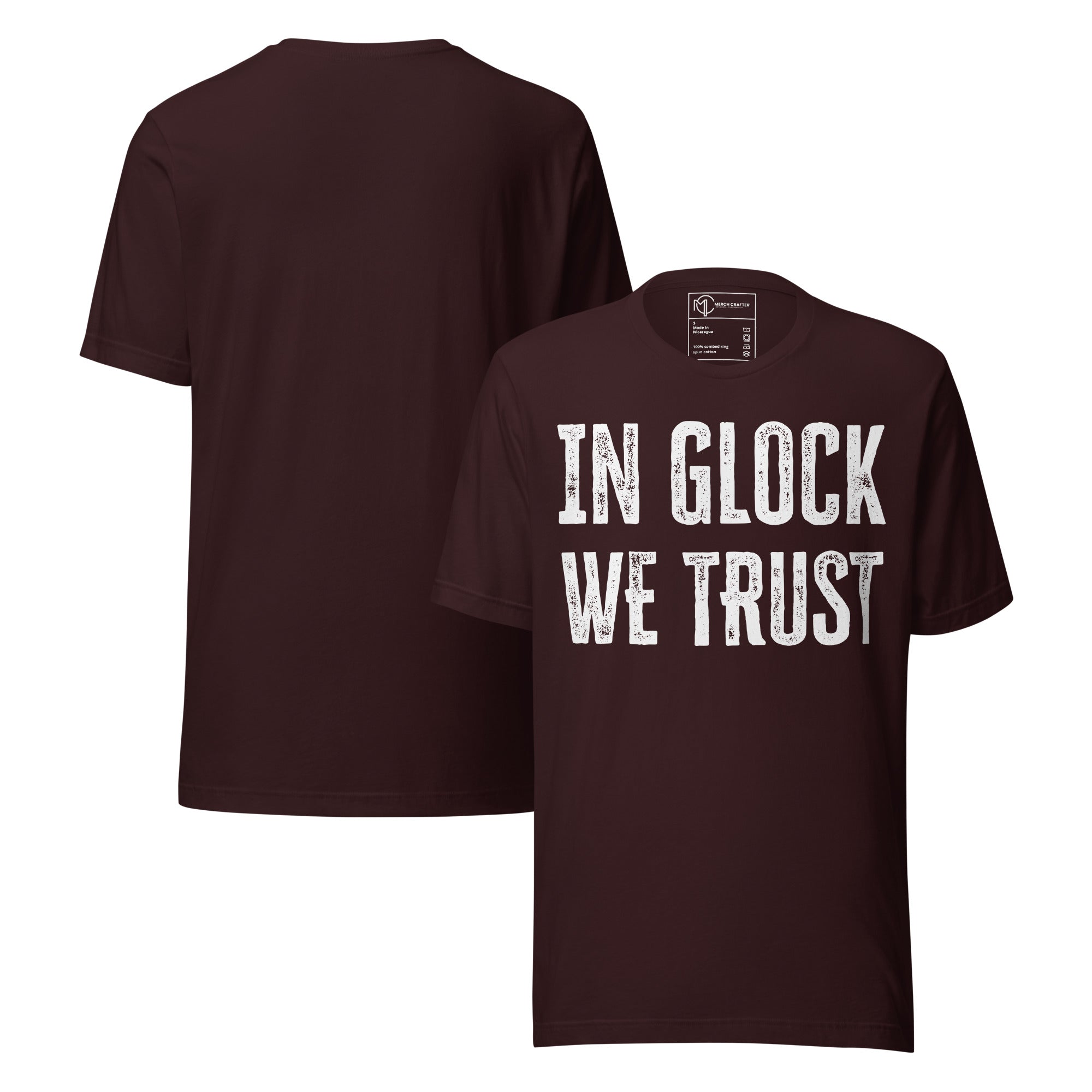 In Glock We Trust Retro Unisex T-Shirt in maroon color featuring distressed block text design on a t-shirt.