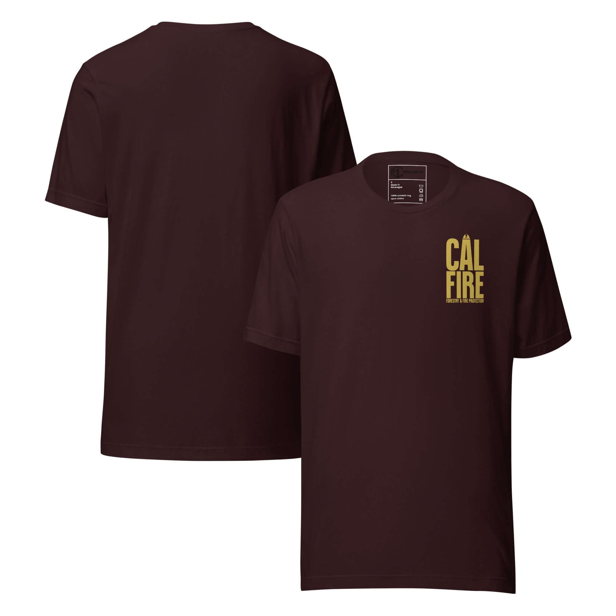 CAL FIRE Forestry & Fire Protection Retro Unisex T-Shirt showcasing bold gold lettering on a maroon background.