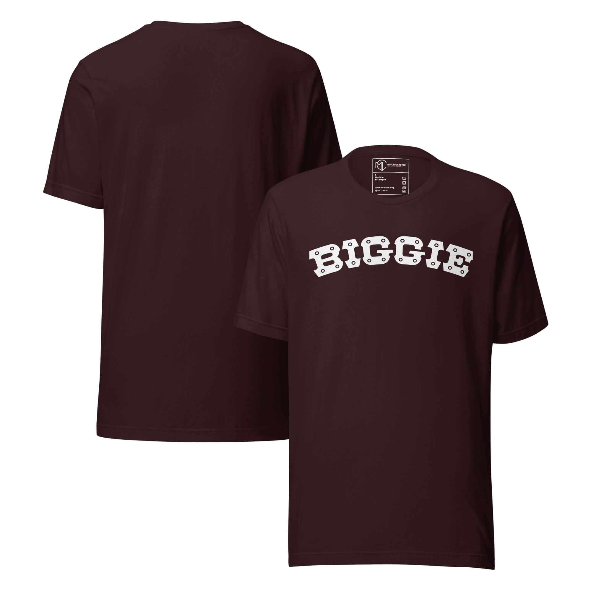 Biggie Retro Hip Hop Unisex T-Shirt in burgundy with bold block lettering design.