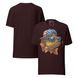 Patriotic Bass Fishing USA Flag Unisex T-Shirt featuring a bass wearing American flag sunglasses and a cap.