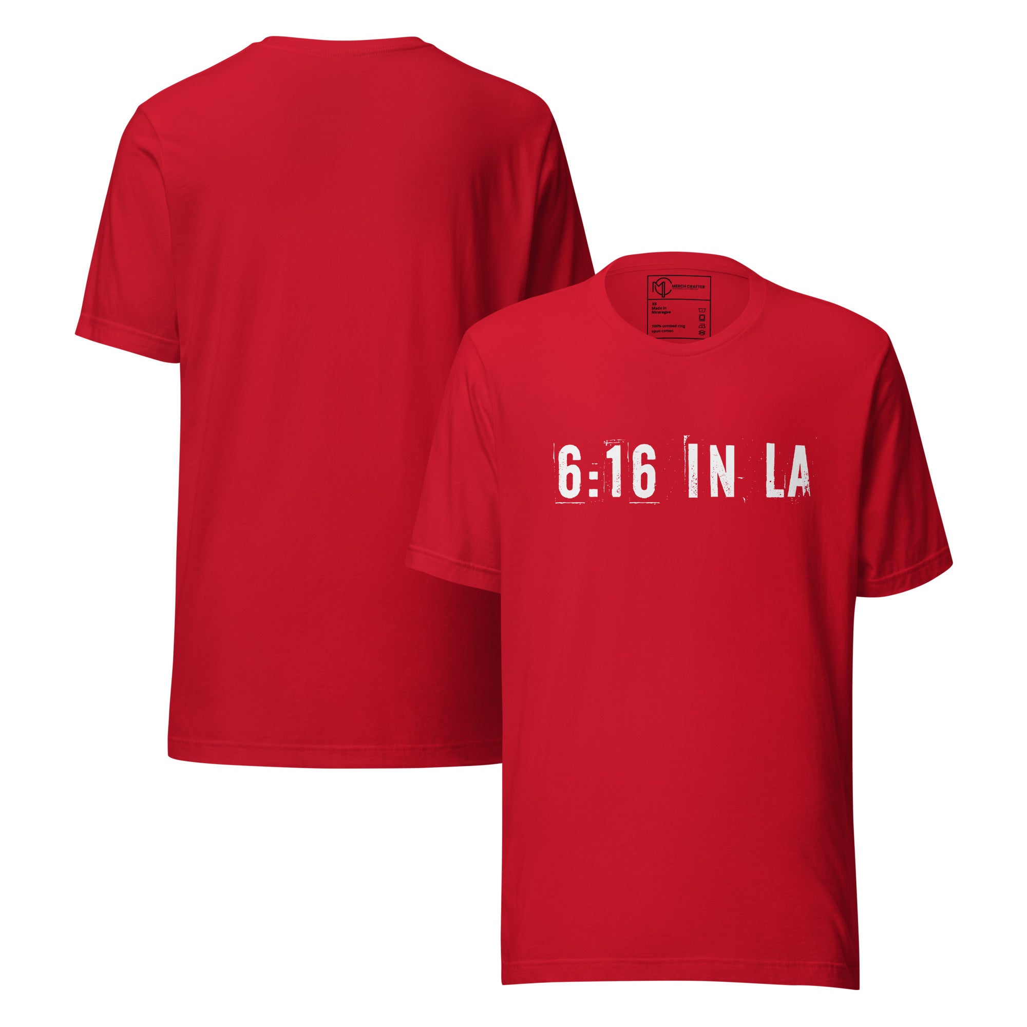 6:16 in LA Retro Unisex T-Shirt in red with bold distressed lettering on front and back.