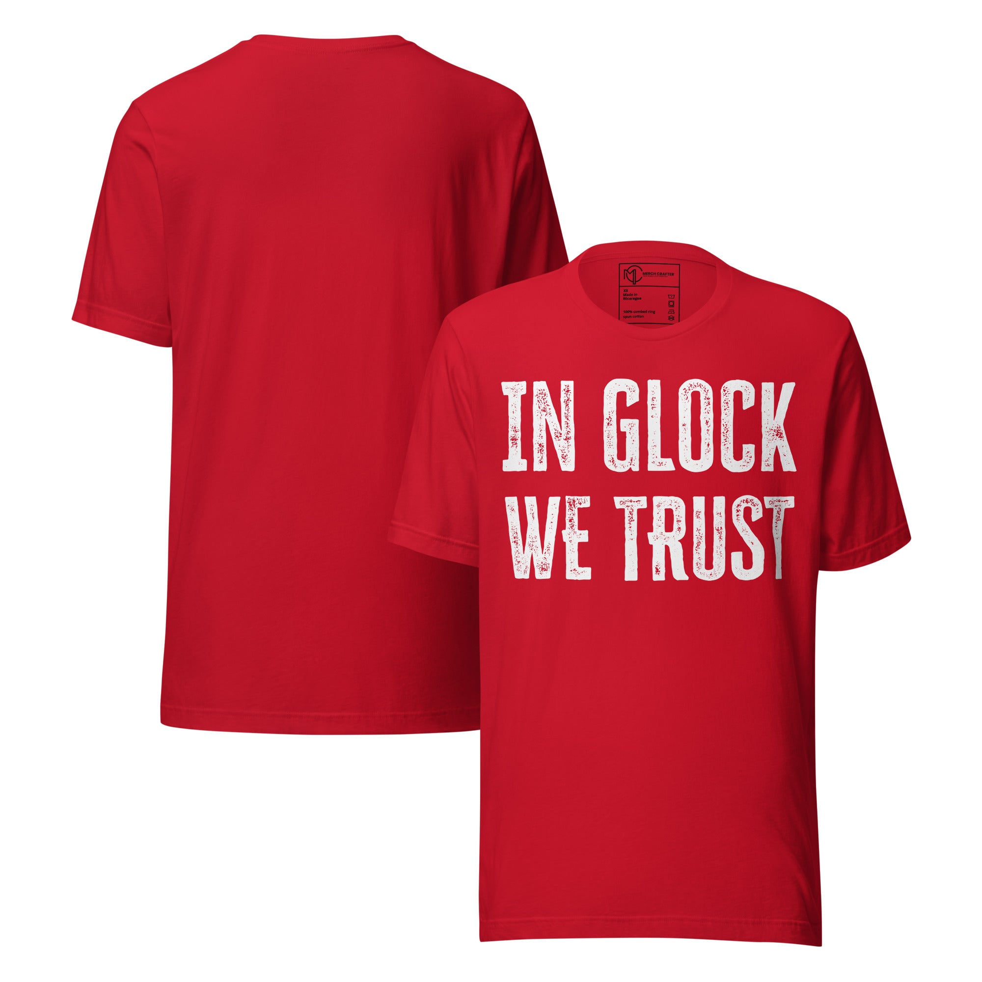 In Glock We Trust Retro Unisex T-Shirt in red with distressed block text design for gun rights supporters.