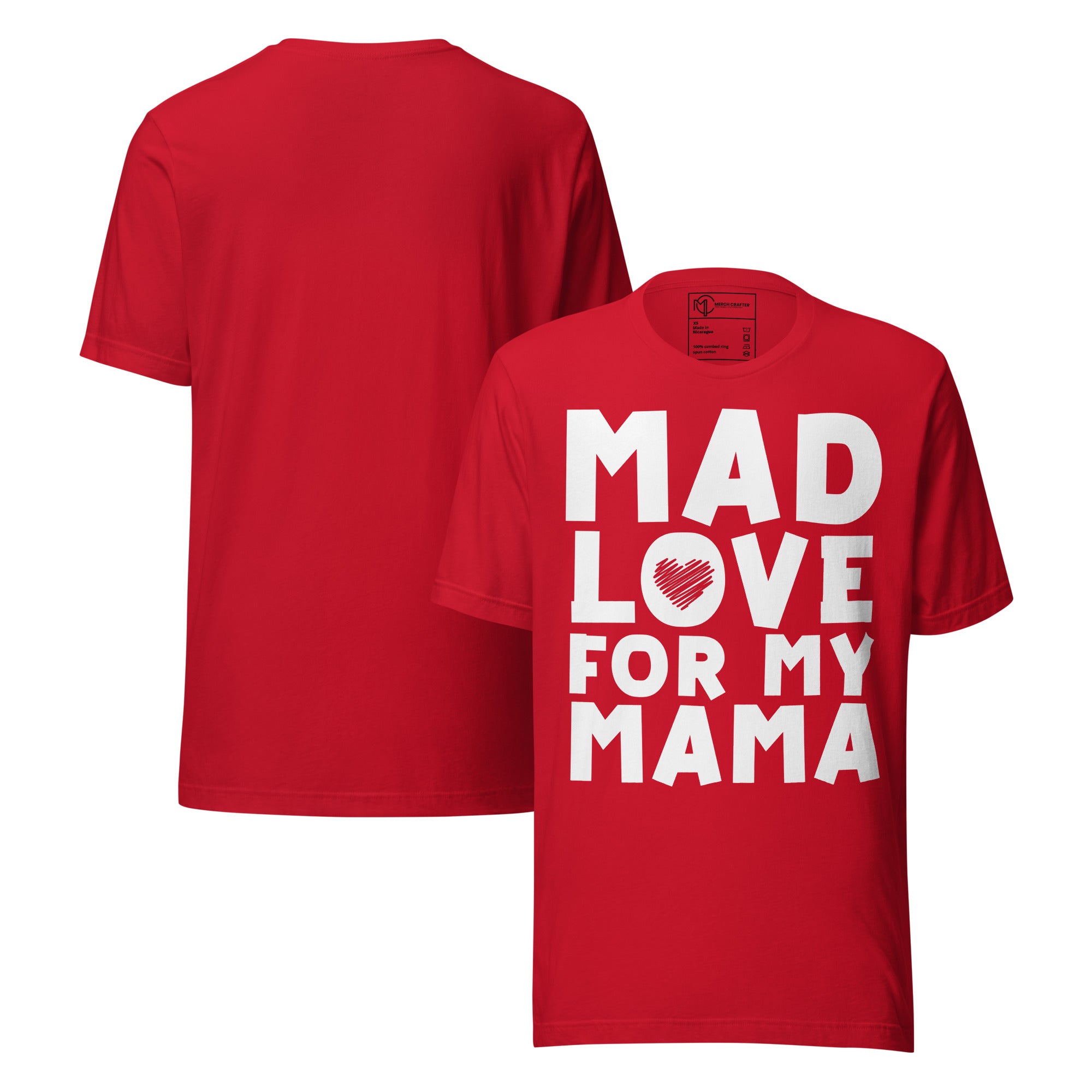Mad Love For My Mama Retro Unisex T-Shirt in red with bold lettering and heart design, perfect gift for moms.
