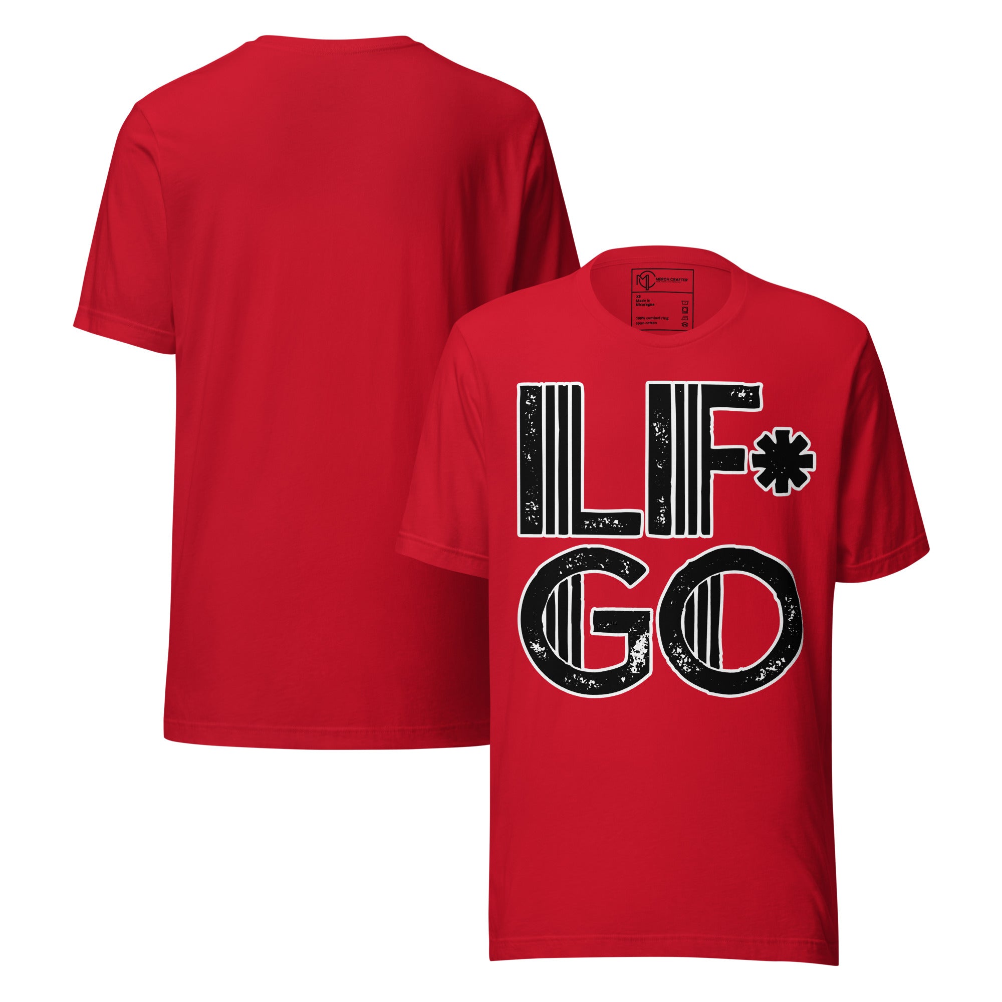LF*GO Funny Retro Unisex T-Shirt in red with bold distressed typography front and back view.