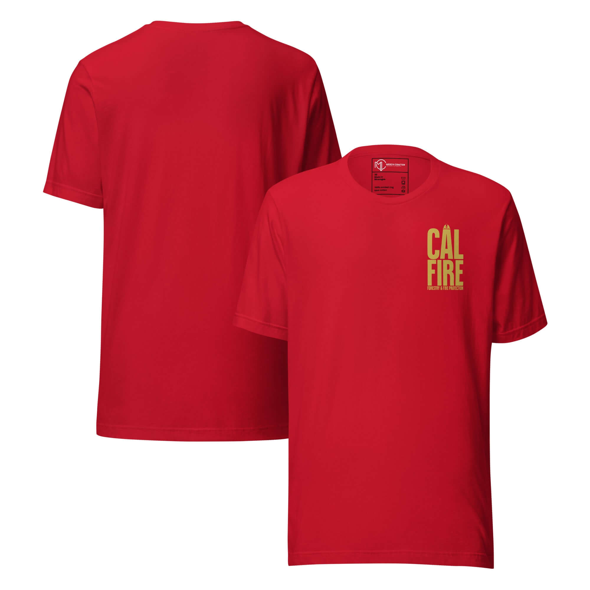 CAL FIRE Forestry & Fire Protection Retro Unisex T-Shirt in red with bold gold lettering.