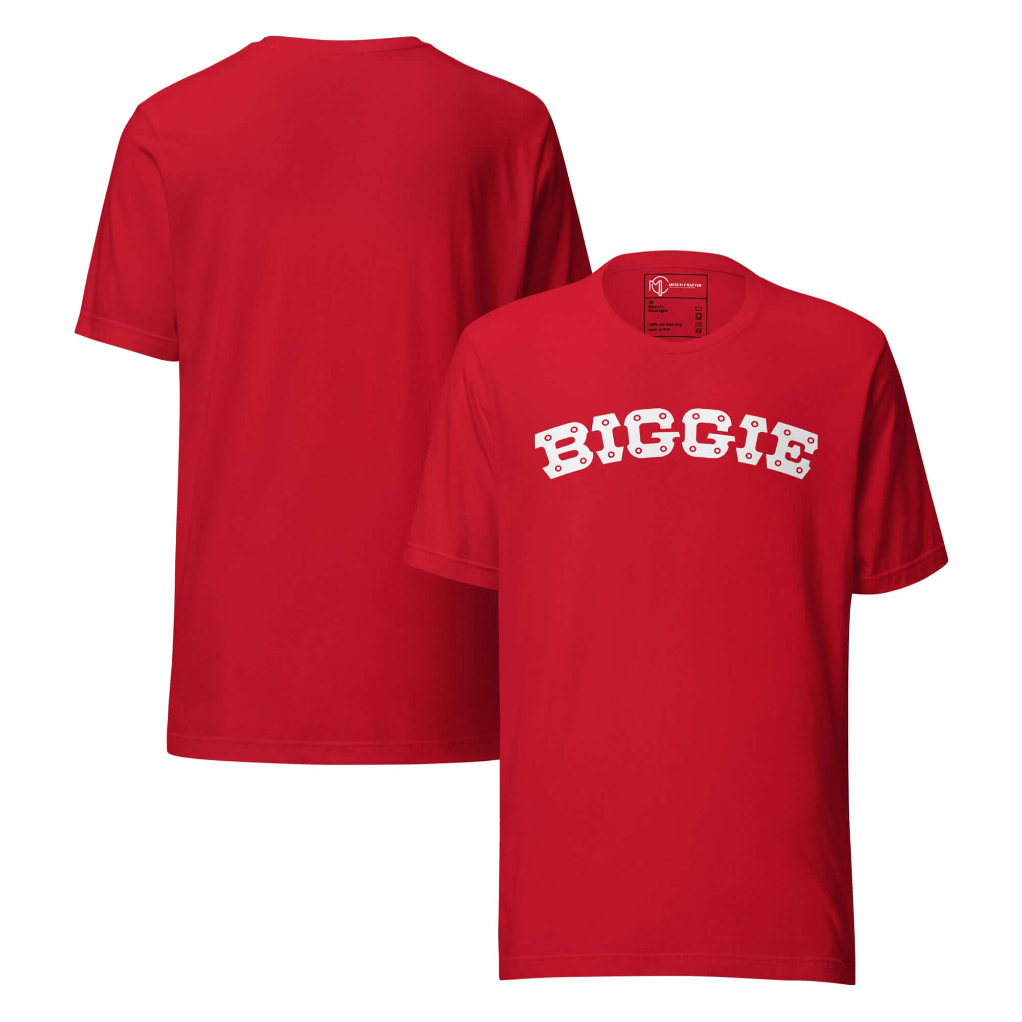 Biggie Retro Hip Hop Unisex T-Shirt in red with bold white lettering on front and back.