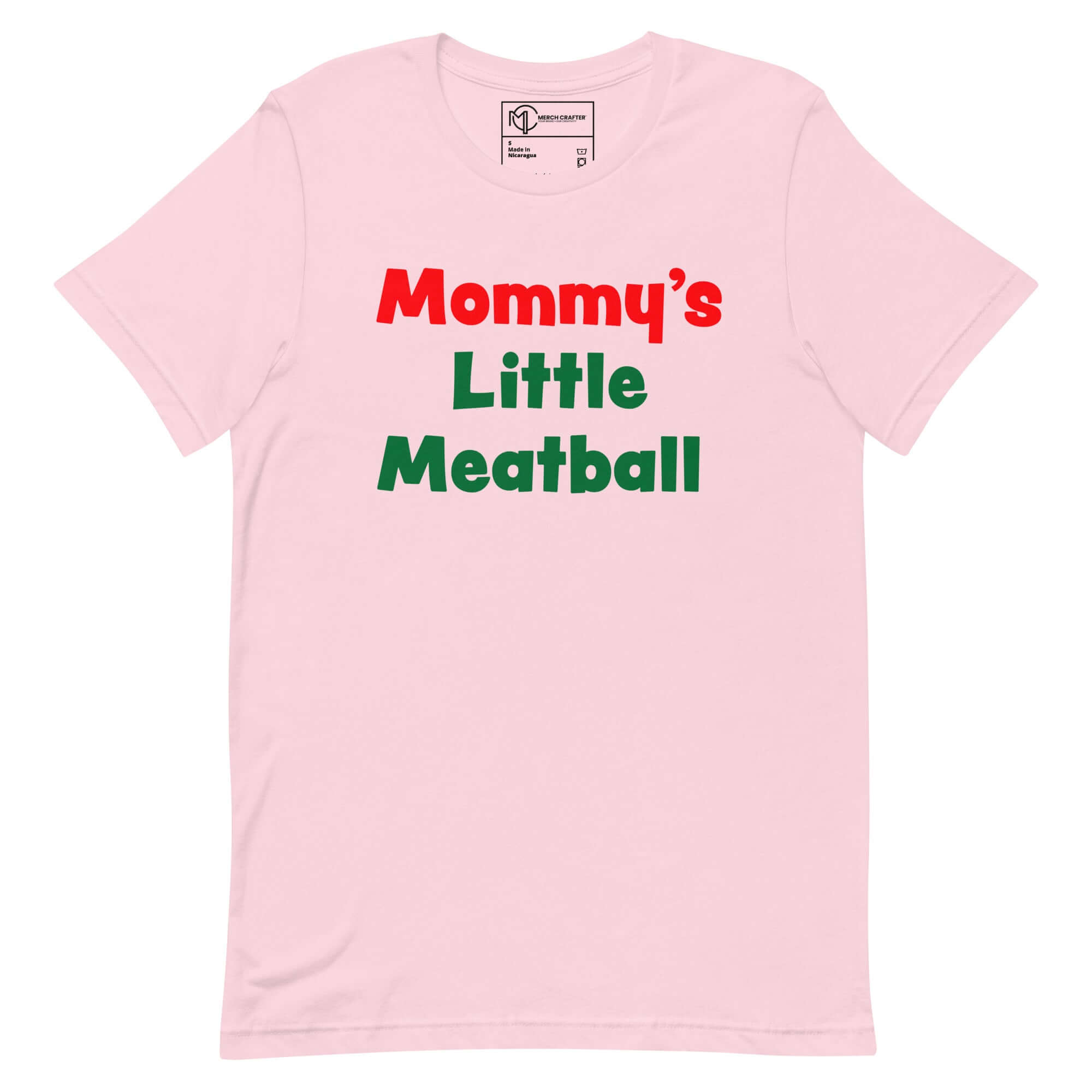 Mommy's Little Meatball pink baby t-shirt with fun food-themed humor for toddlers.