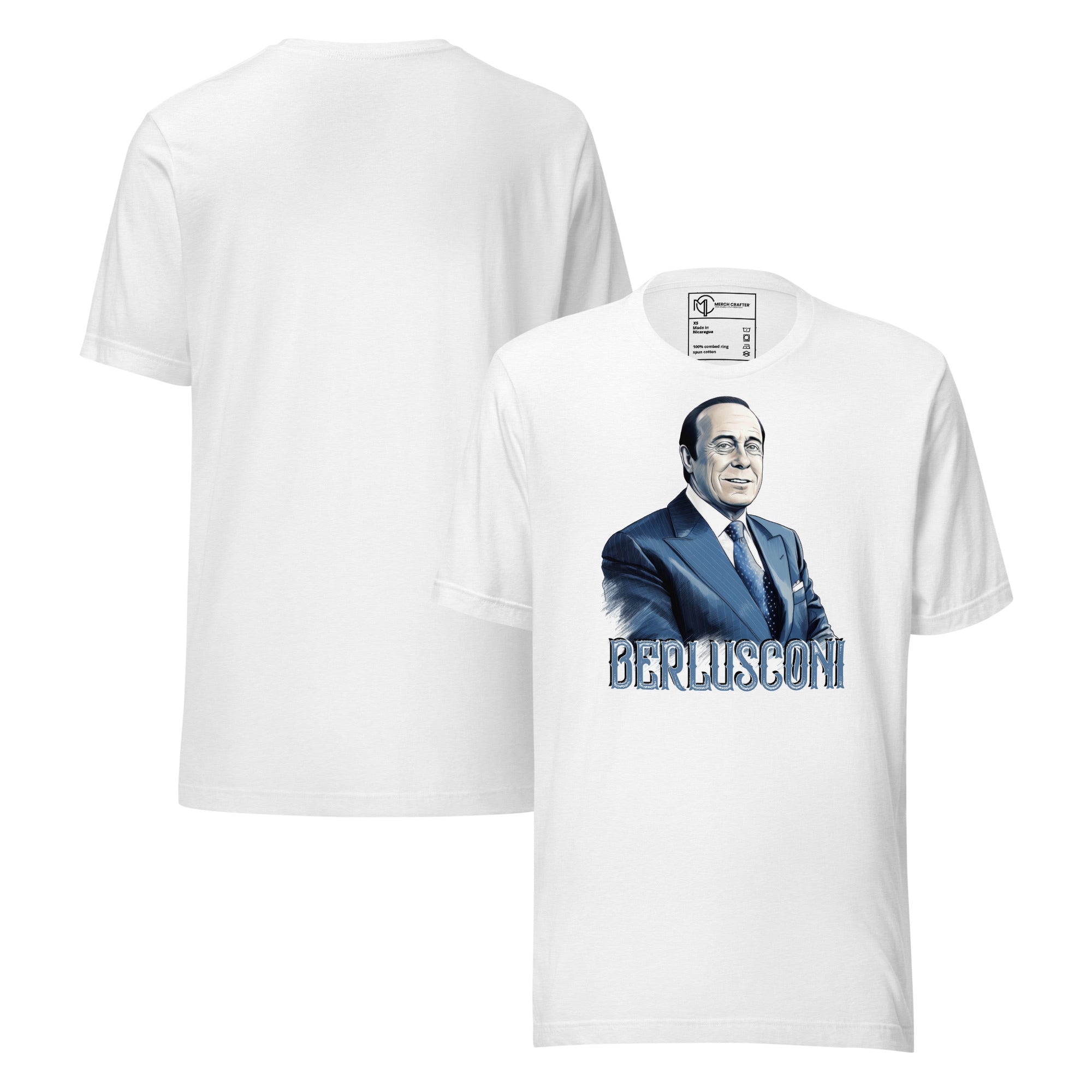 Berlusconi Retro Unisex T-Shirt featuring bold illustrated portrait of Silvio Berlusconi on a white tee.