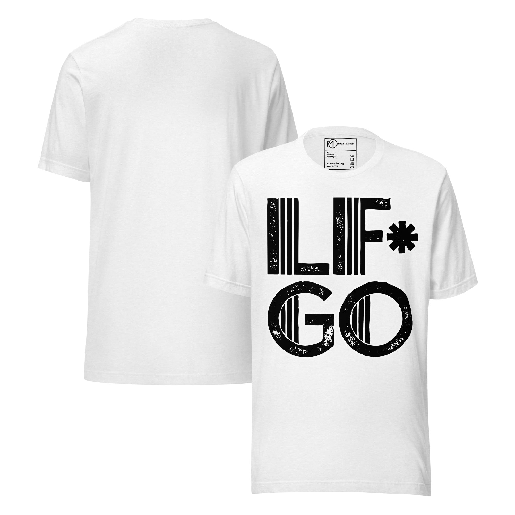 LF*GO Funny Retro Unisex T-Shirt in white with distressed typography, perfect for casual and workout styles.
