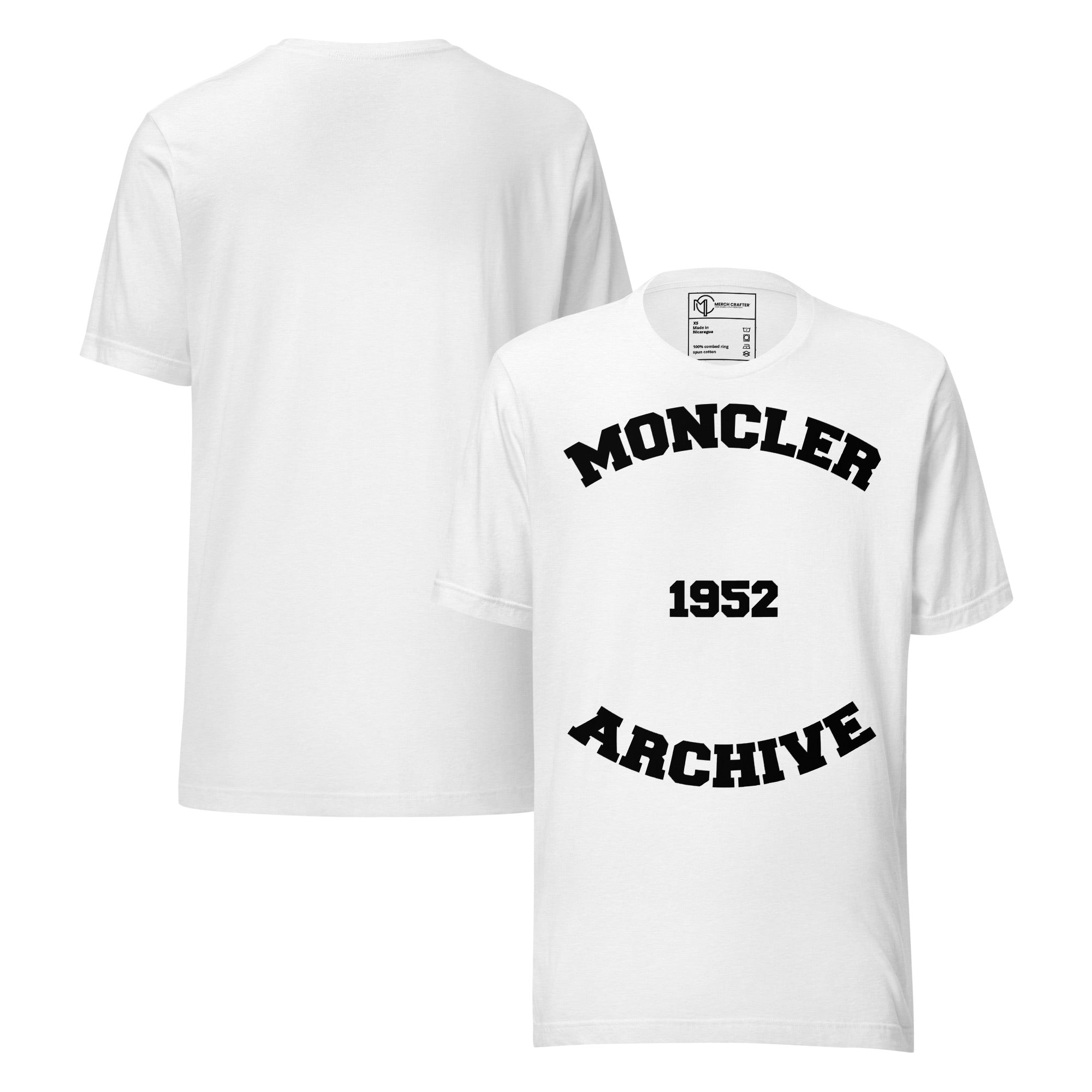 Moncler Archive 1952 white unisex t-shirt front and back view, featuring bold black text design.