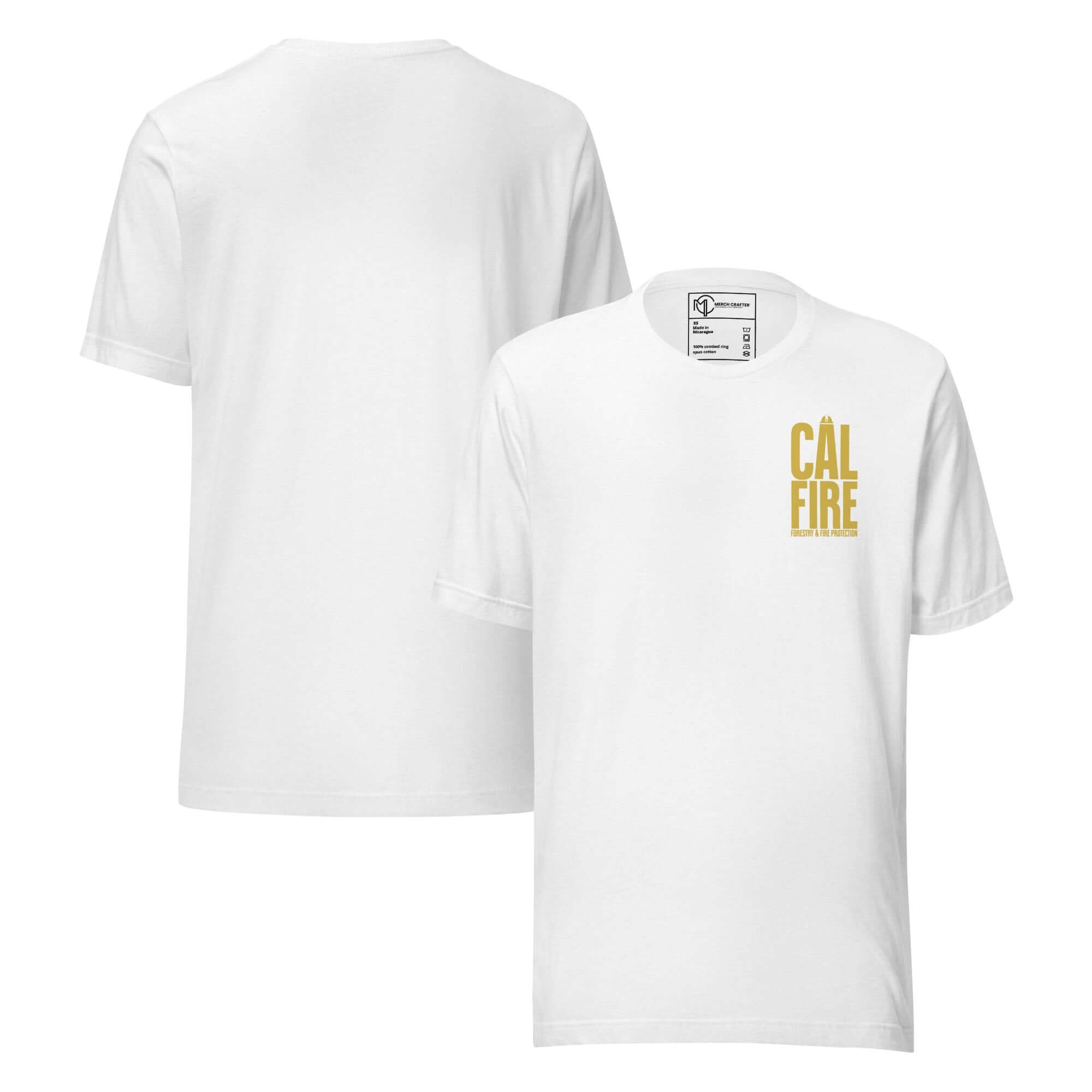 CAL FIRE Forestry & Fire Protection Retro Unisex T-Shirt in white with gold lettering on front.