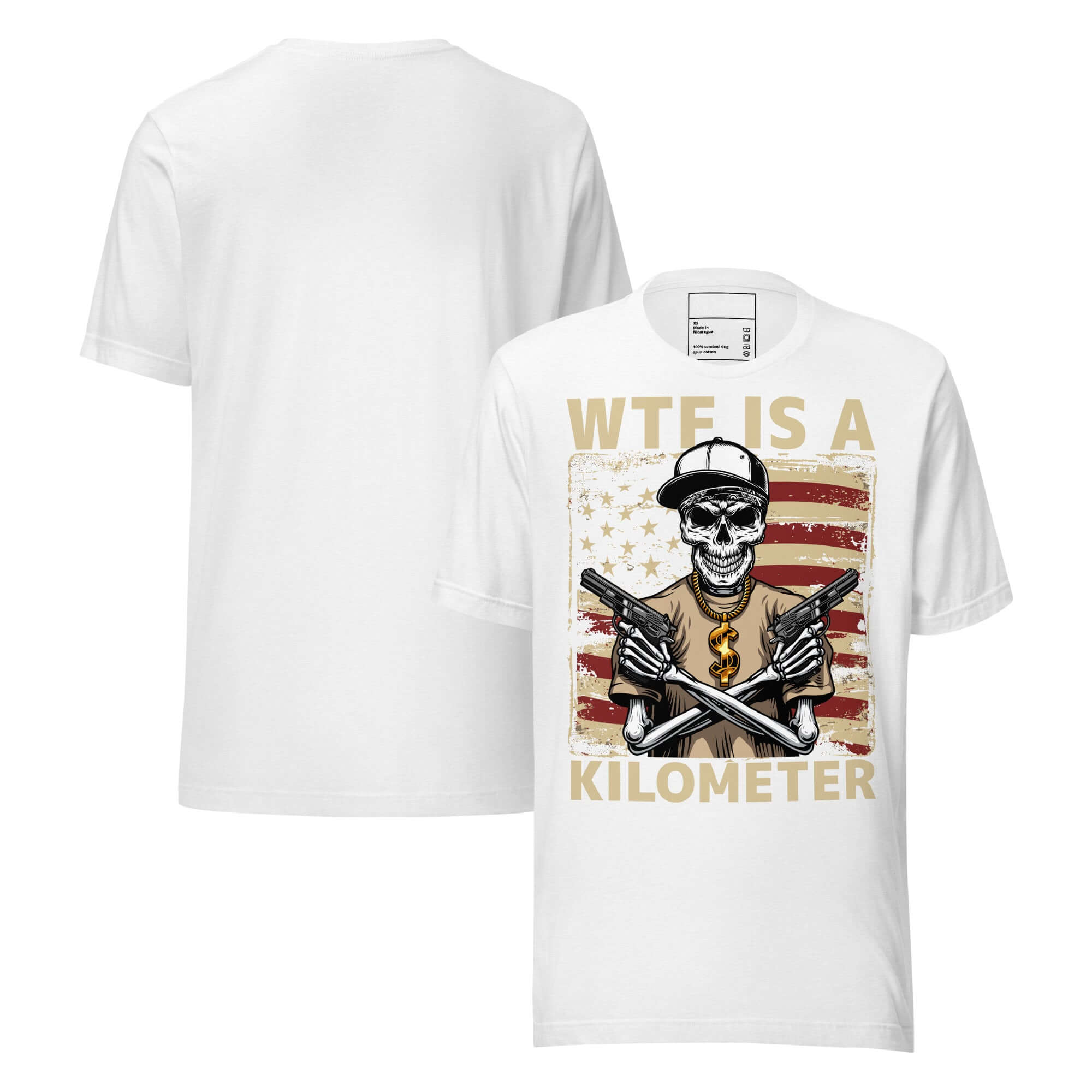 WTF Is a Kilometer Funny Patriotic Unisex T-Shirt with skeleton gangster graphic and American flag.