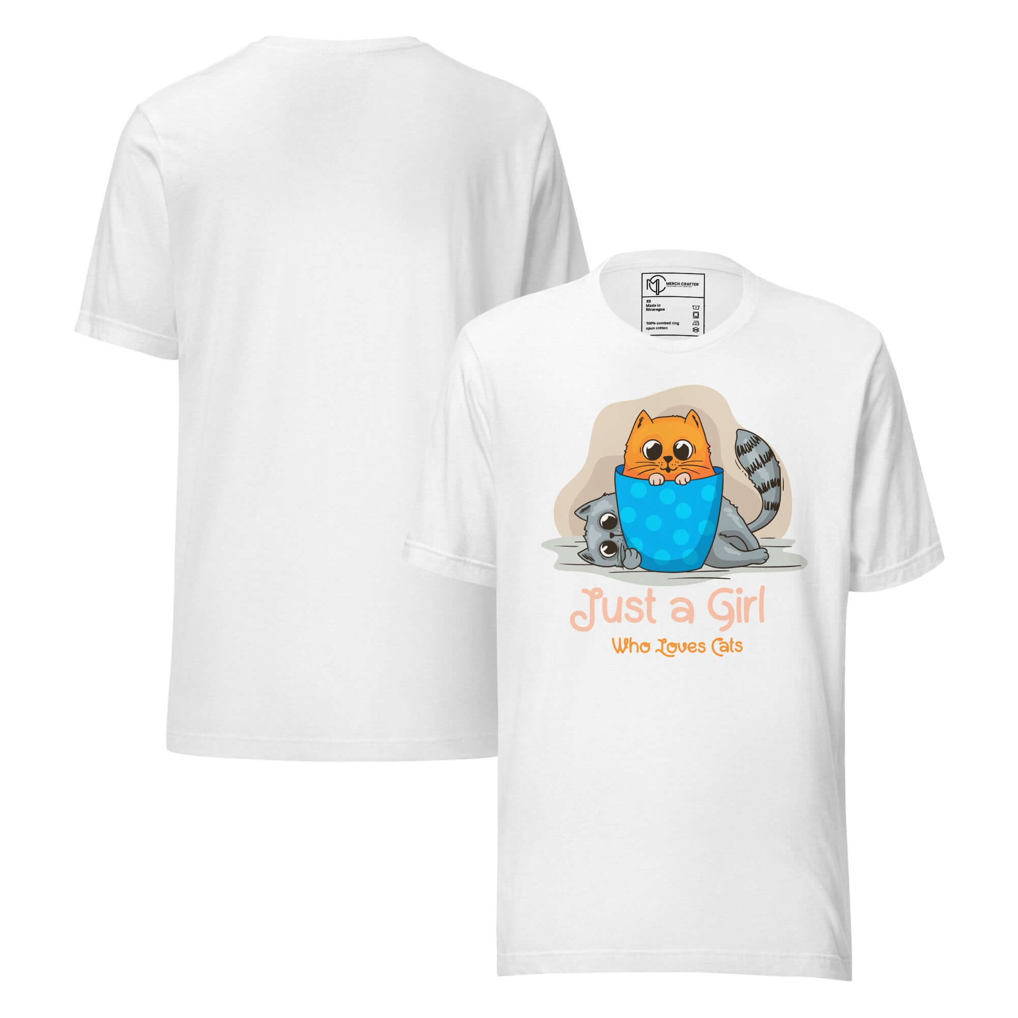 Just a Girl Who Loves Cats Cute Unisex T-Shirt with cartoon cat design on white fabric.