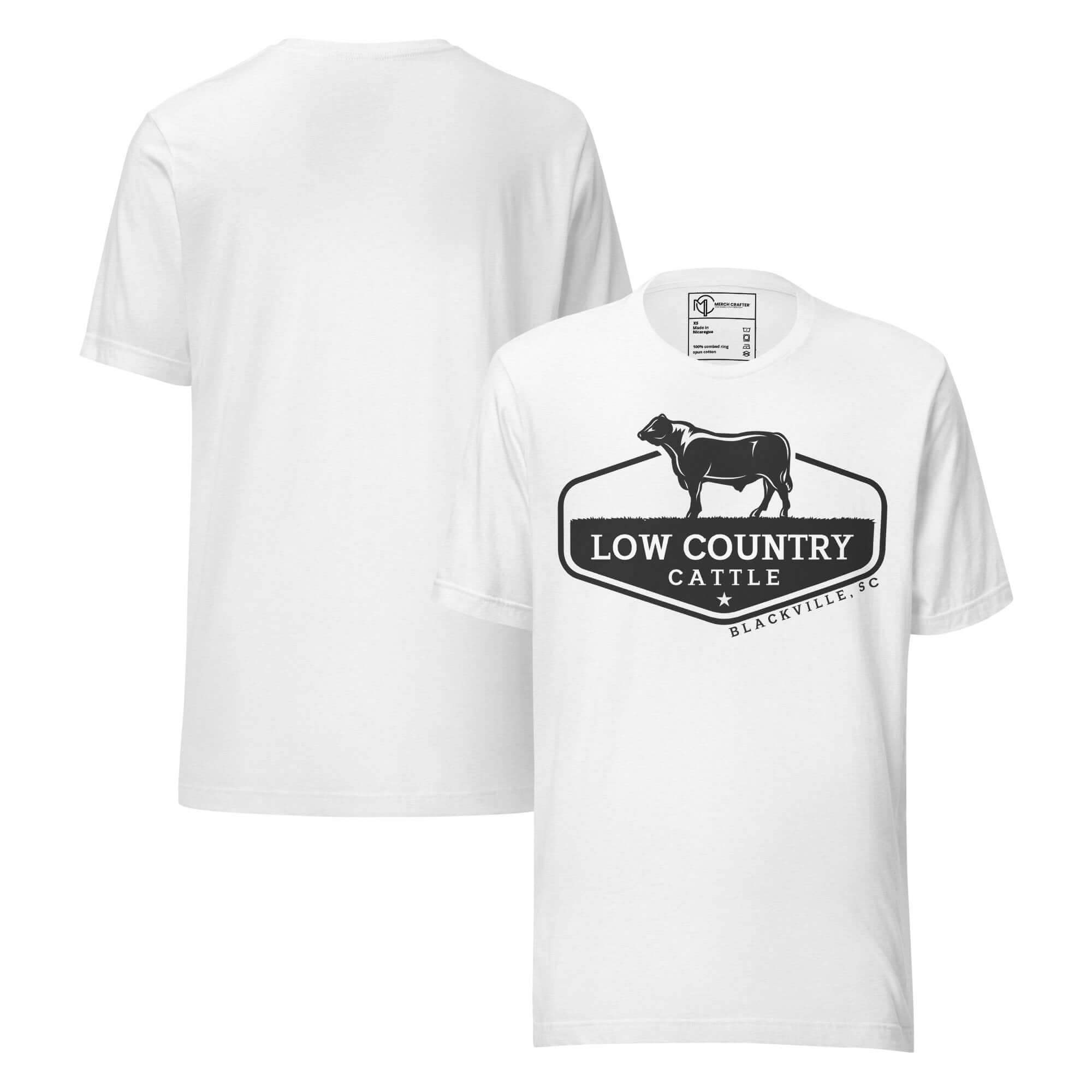 Low Country Cattle Ranch Pride Unisex T-Shirt featuring a bold cattle silhouette and ranch logo.