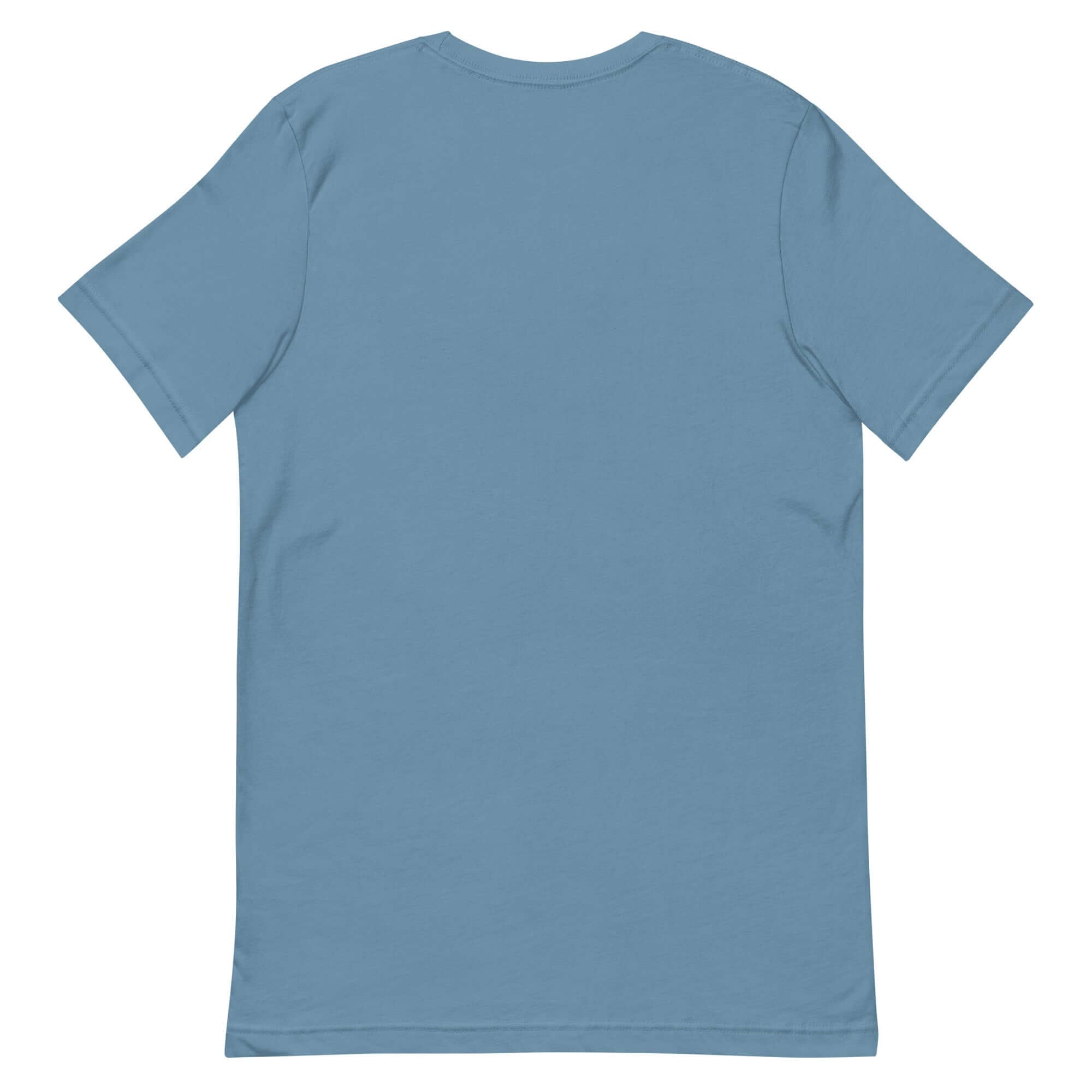 Back view of the Protect the Dolls unisex t-shirt in blue, supporting femininity and feminism.