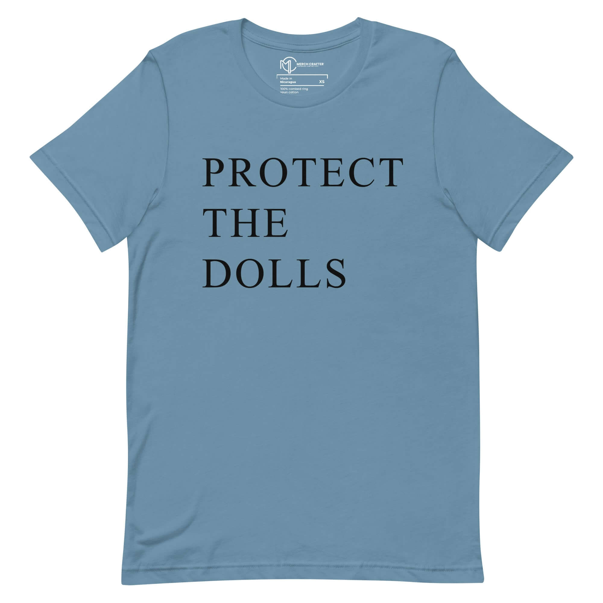 Protect the Dolls unisex t-shirt in blue, promoting femininity and cultural movement.