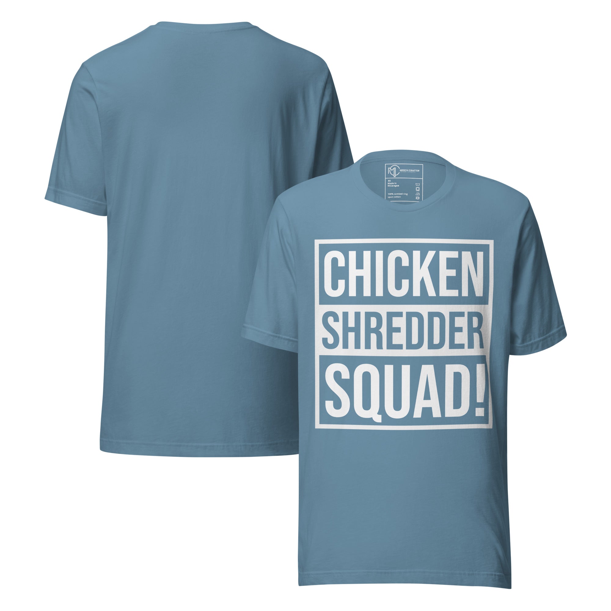 Chicken Shredder Squad Funny Retro Unisex T-Shirt in blue with bold typography design on front and back.