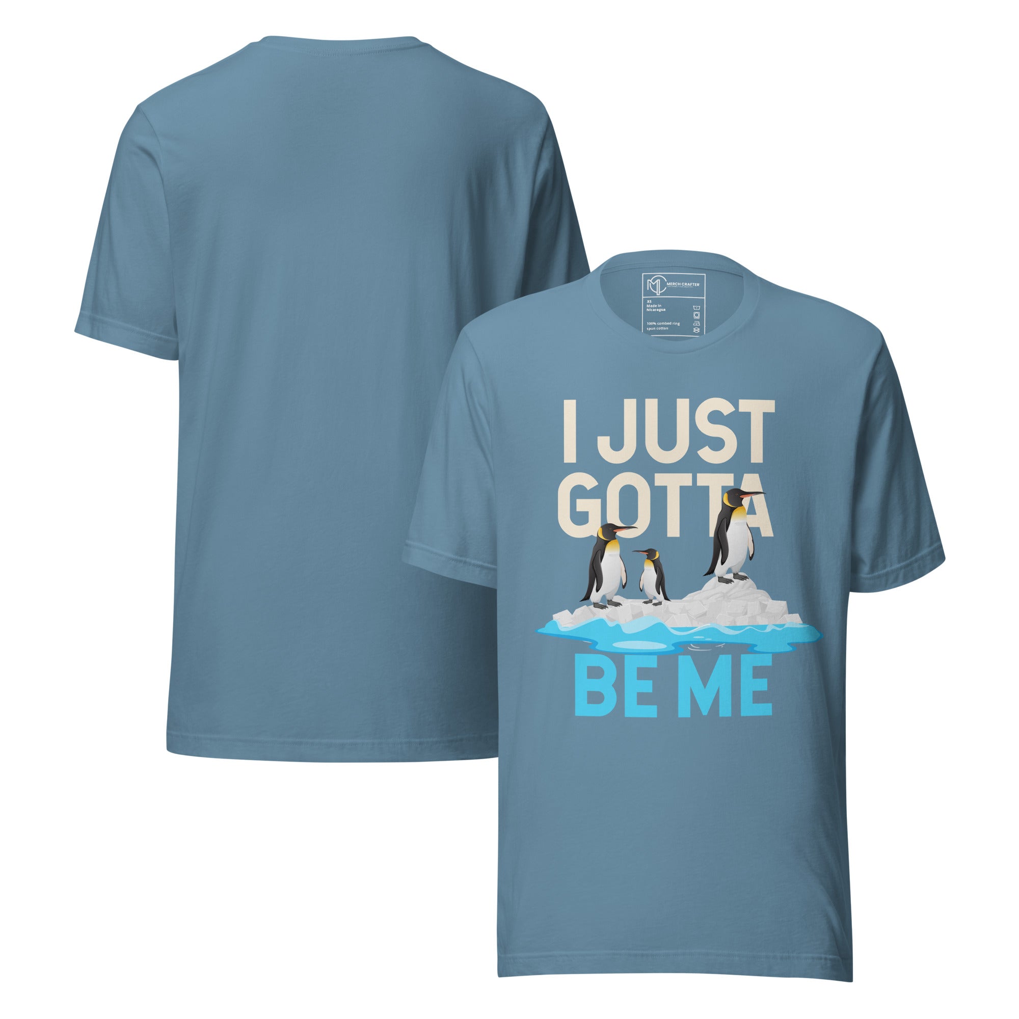 I Just Gotta Be Me Penguin Quote Retro Unisex T-Shirt with penguins on ice in bold lettering.