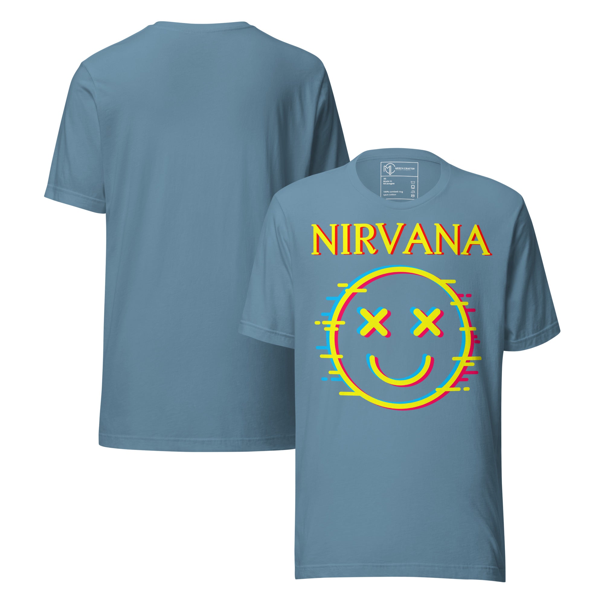 Vintage Nirvana Retro Unisex T-Shirt featuring neon glitch smiley face graphic in blue.