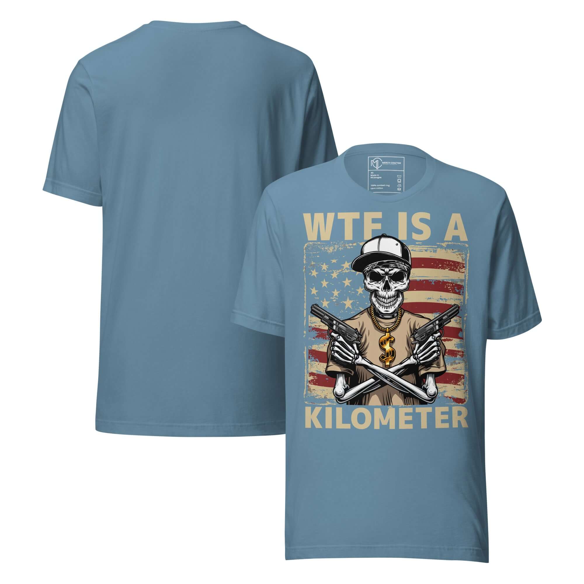 WTF Is a Kilometer Funny Patriotic Unisex T-Shirt featuring a skeleton gangster graphic and American flag design.