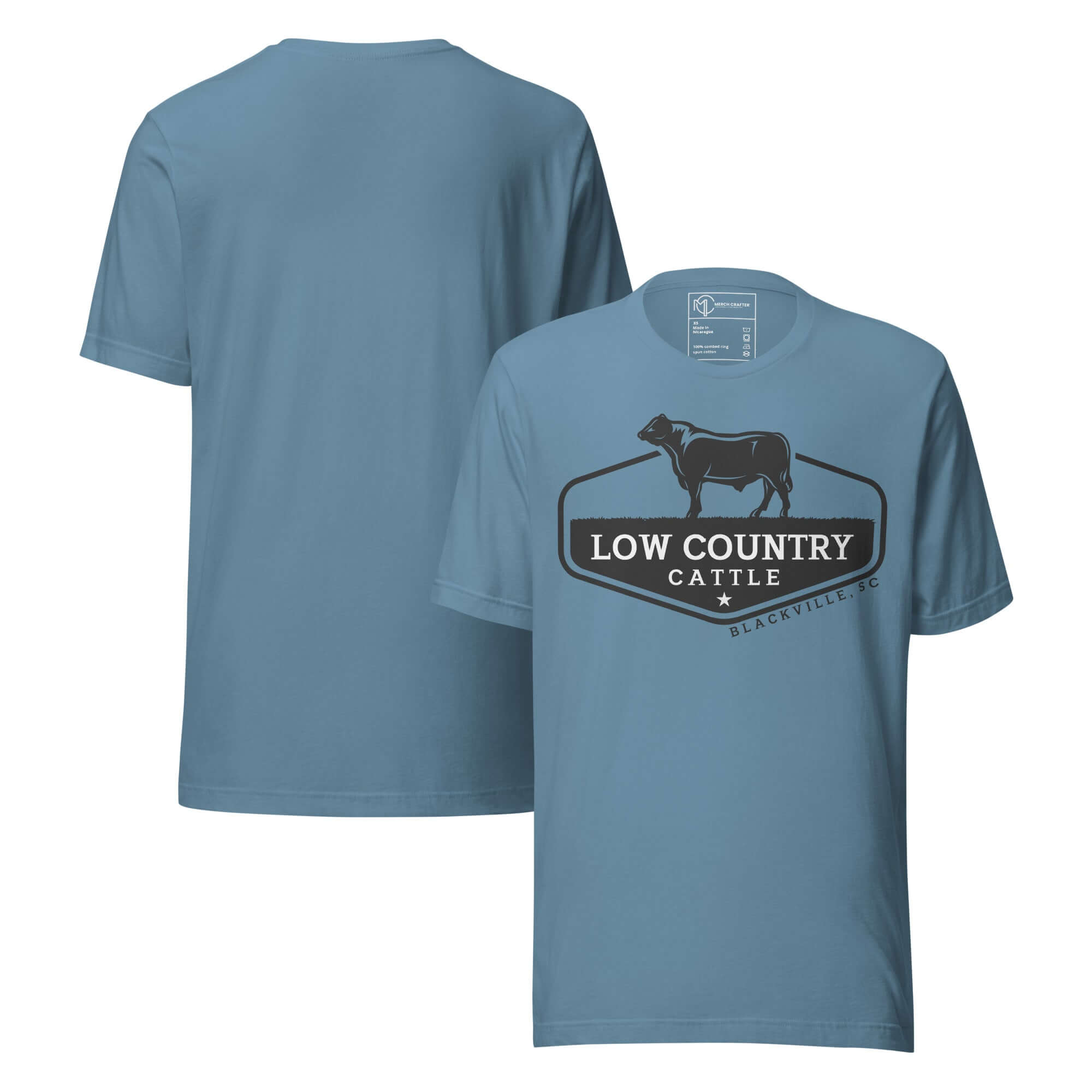 Low Country Cattle Ranch Pride Unisex T-Shirt in blue with bold cattle logo design.