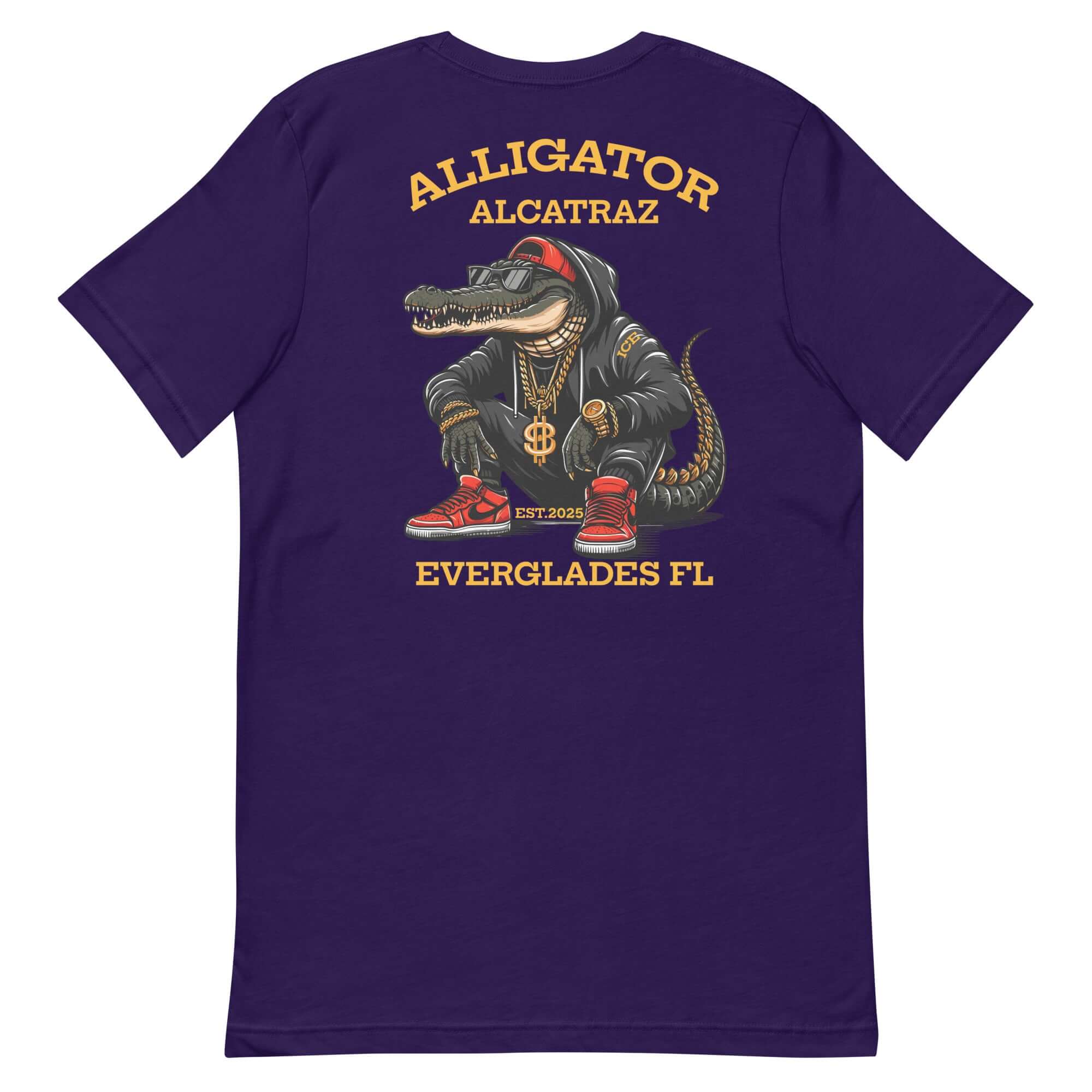 Alligator Alcatraz shirt featuring a comical gator in streetwear, showcasing Florida swamp and prison parody vibes.