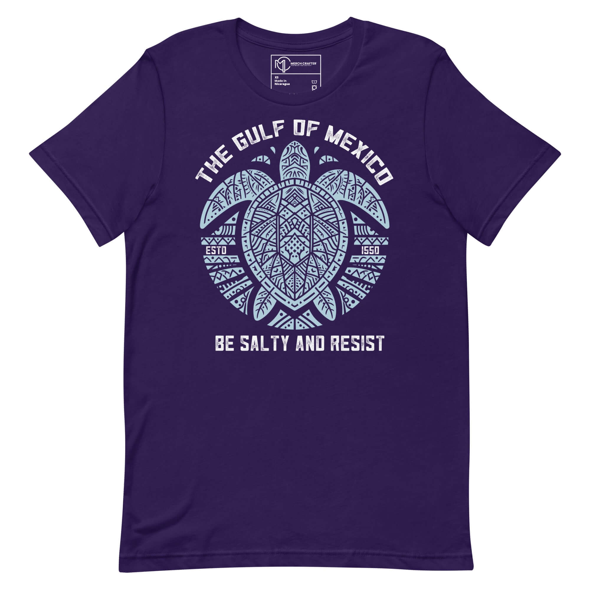 Gulf of Mexico Tribal Turtle t-shirt with 'Be Salty and Resist' design for ocean advocates and environmentalists.