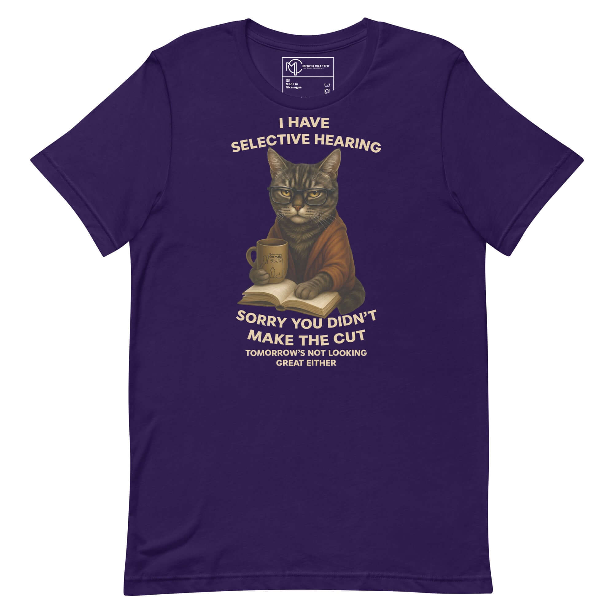 Unisex purple t-shirt featuring a moody cat in glasses and a witty quote about selective hearing.