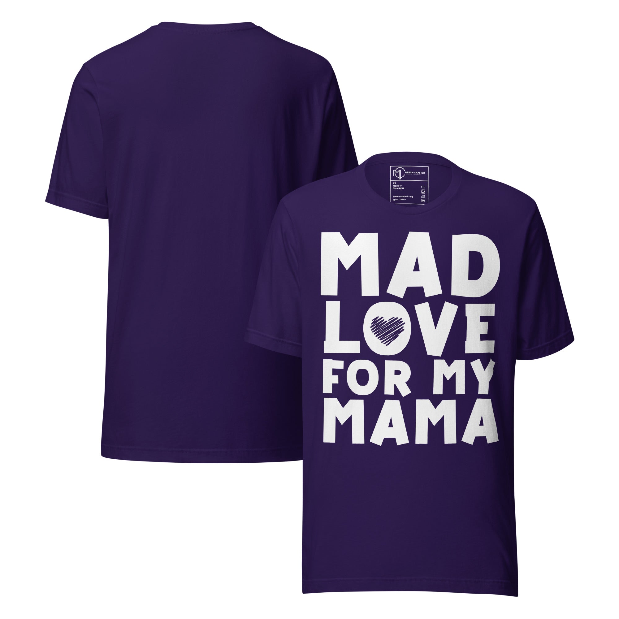Mad Love For My Mama Retro Unisex T-Shirt in purple with bold white lettering and heart design on the front.