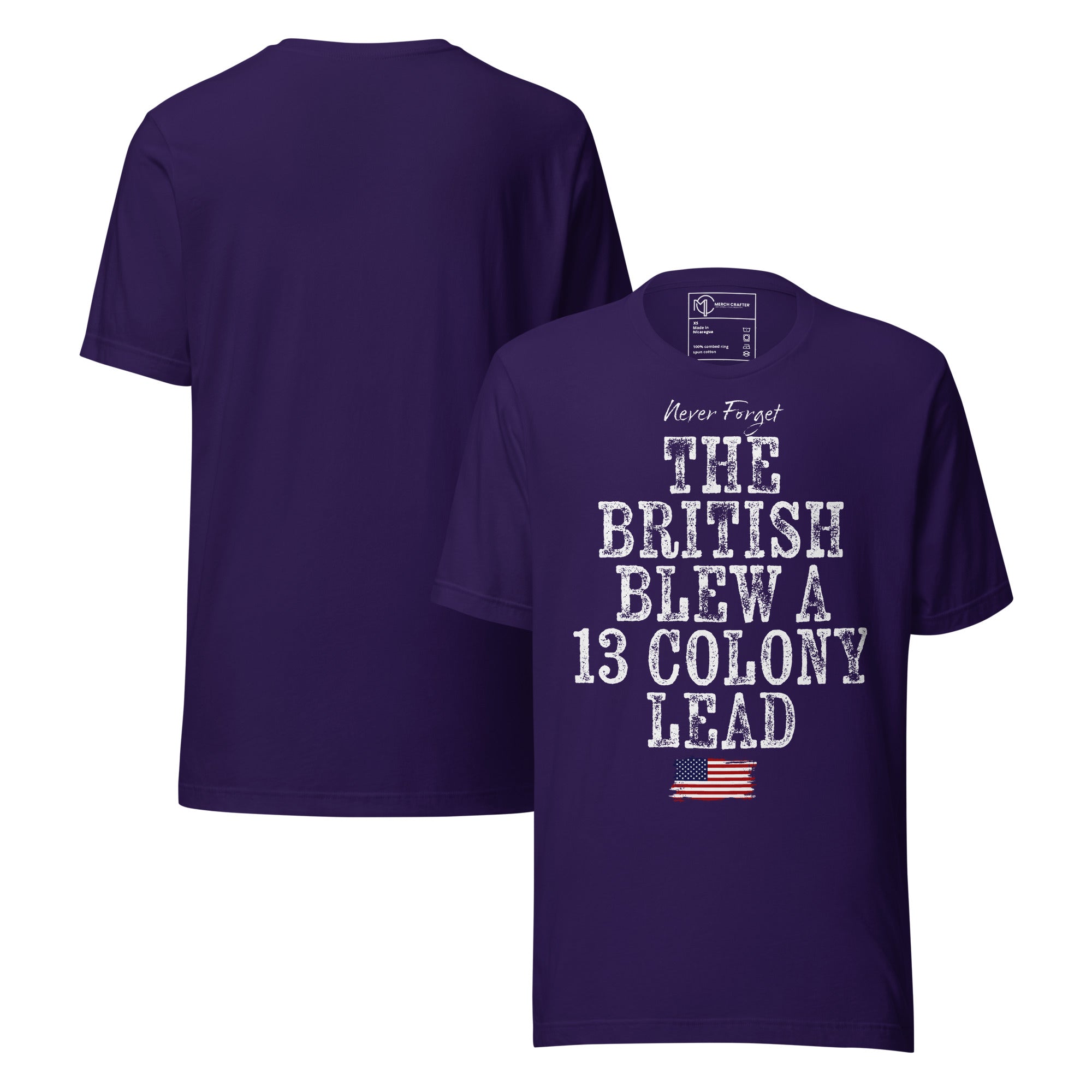 The British Blew a 13 Colony Lead Retro Unisex T-Shirt in purple, featuring vintage typography and an American flag.