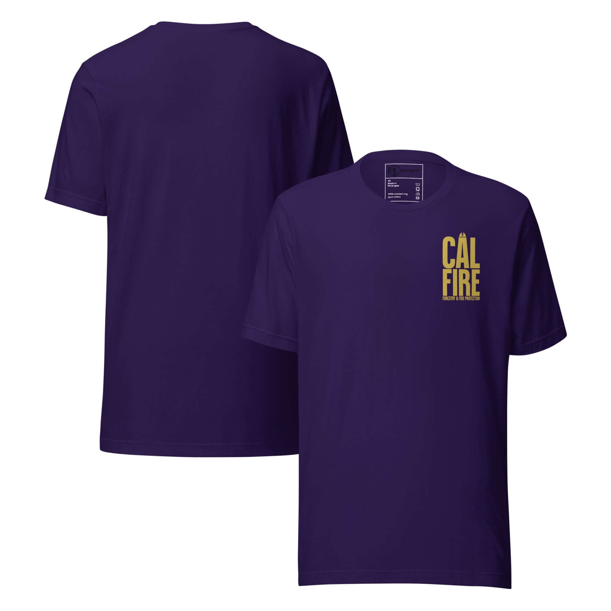 CAL FIRE Forestry & Fire Protection Retro Unisex T-Shirt in purple with gold block lettering.