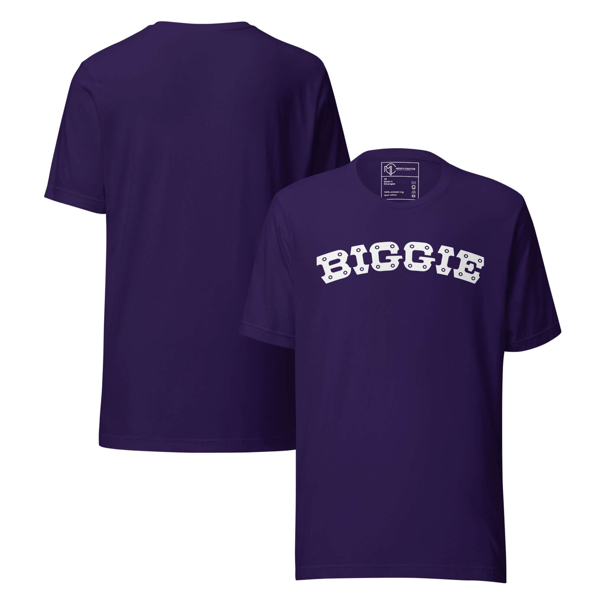 Biggie Retro Hip Hop Unisex T-Shirt in purple with bold block lettering design on front and back.