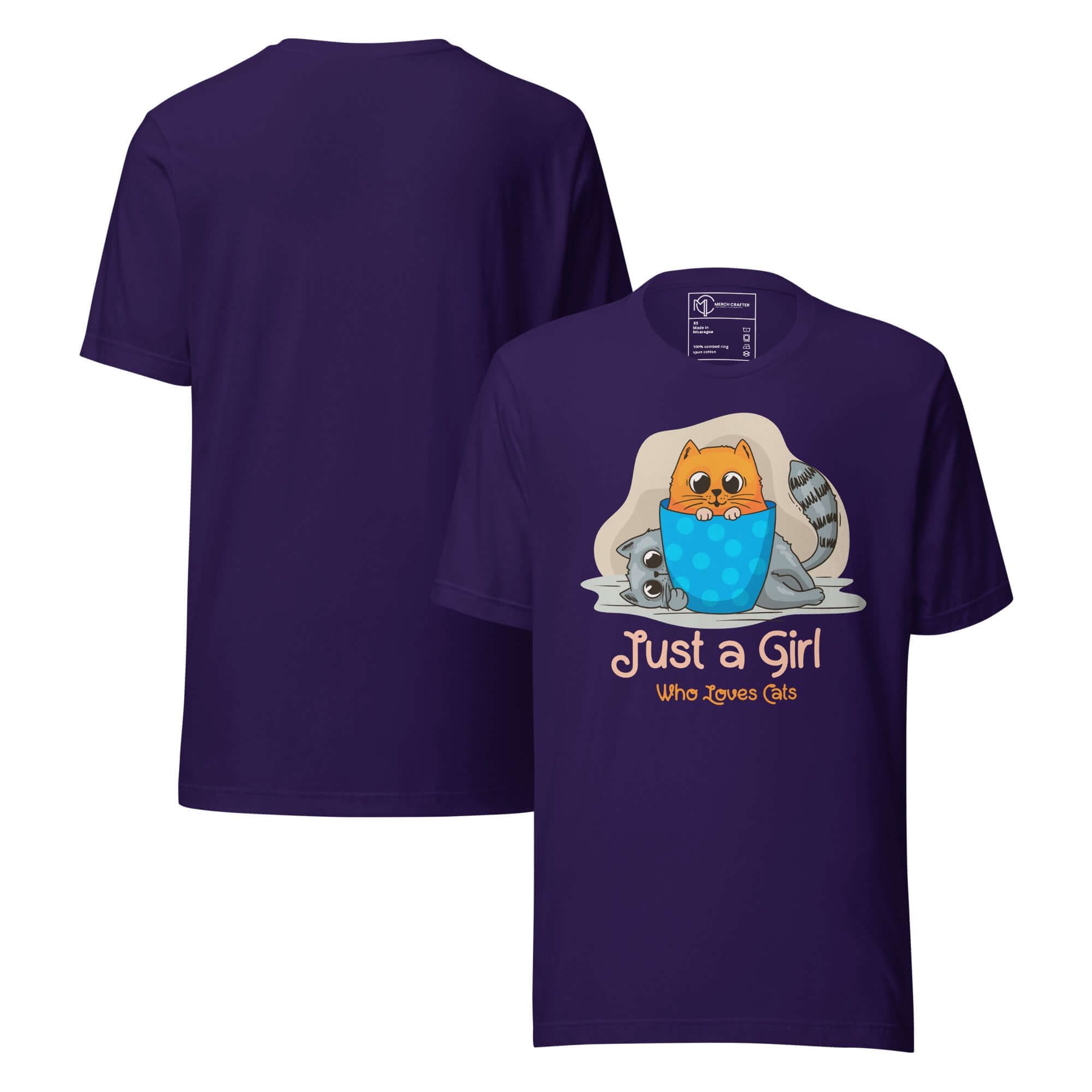 Just a Girl Who Loves Cats Cute Unisex T-Shirt featuring adorable cartoon cats on a purple tee.