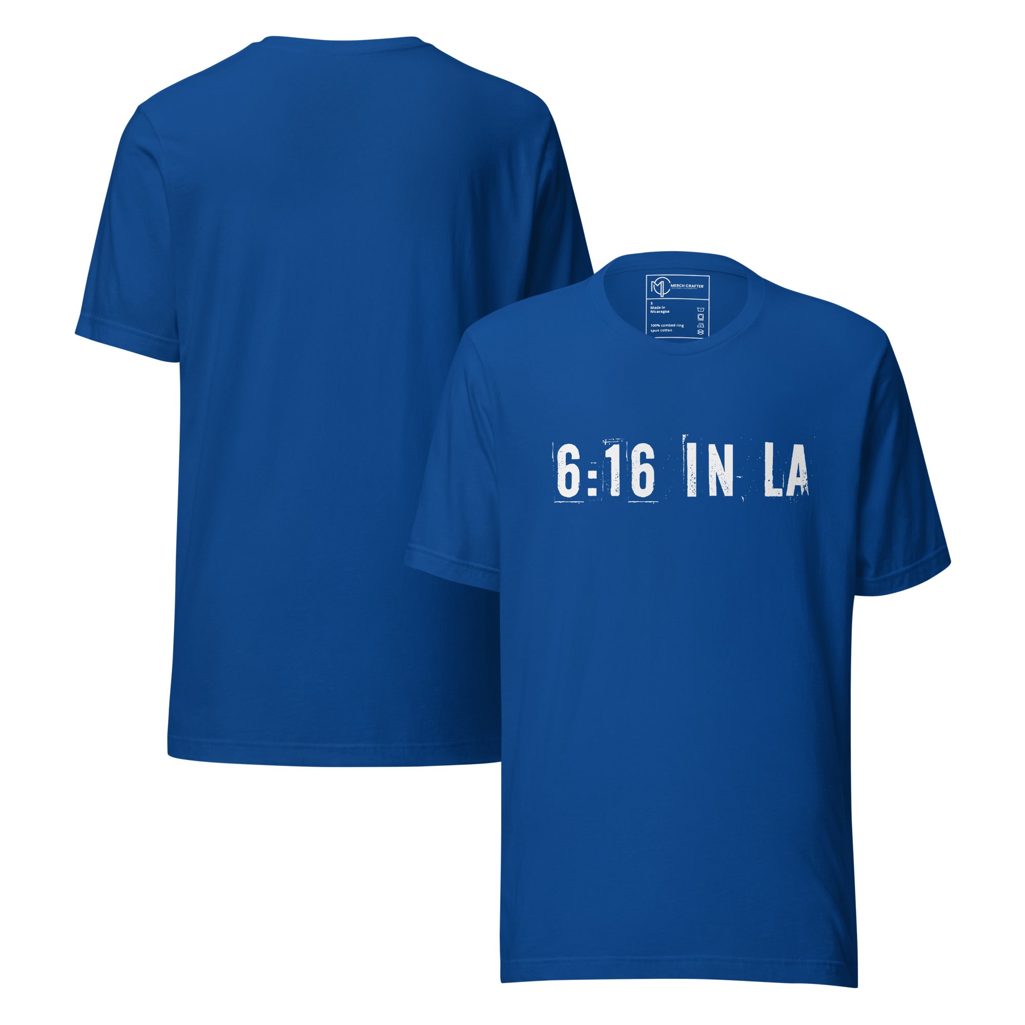 6:16 in LA Retro Unisex T-Shirt in blue with bold distressed lettering on front and back.