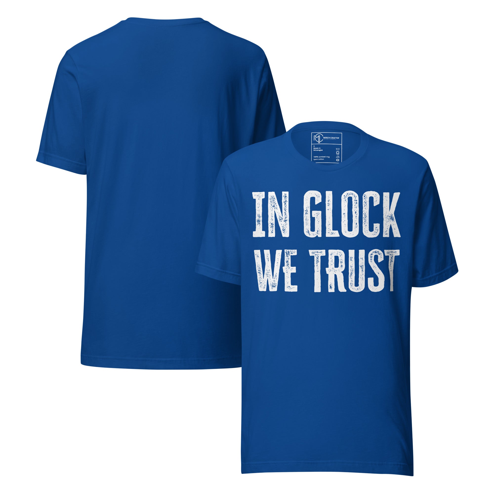 In Glock We Trust Retro Unisex T-Shirt displayed in blue with distressed block text design.