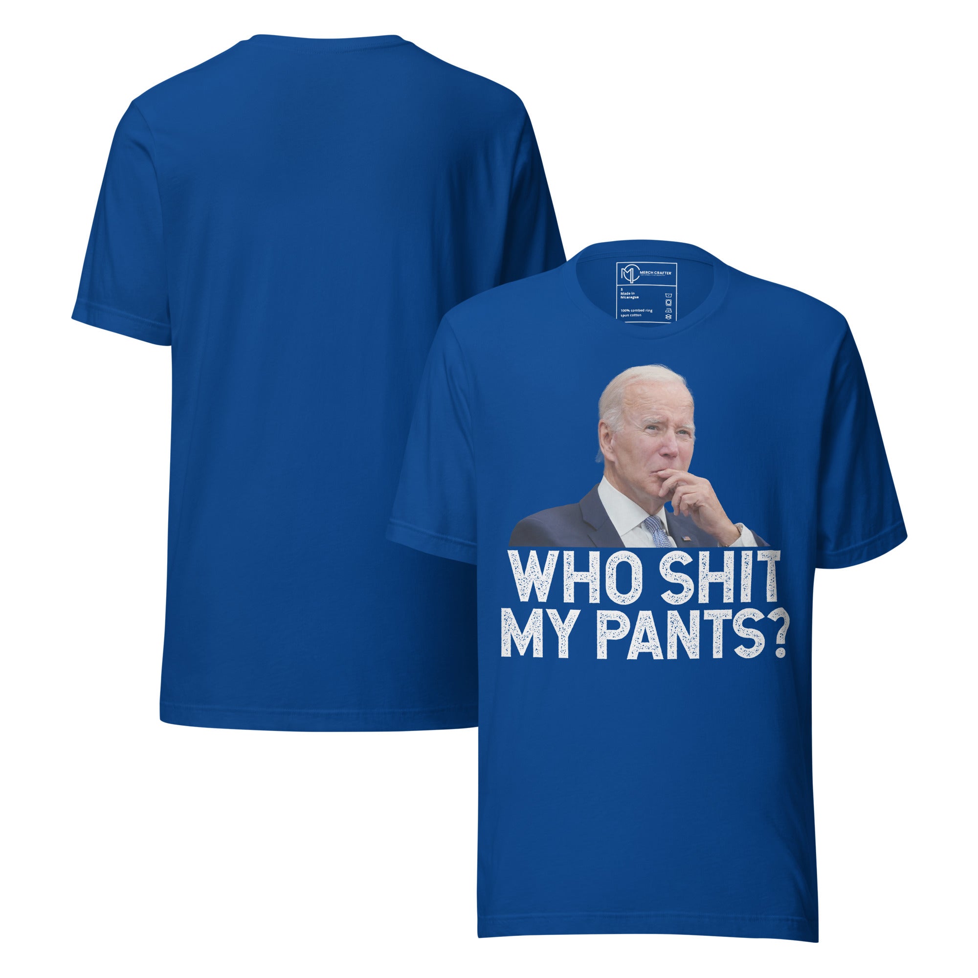 Who Shit My Pants Funny Anti Biden Retro Unisex T-Shirt featuring bold graphic design on a blue background.