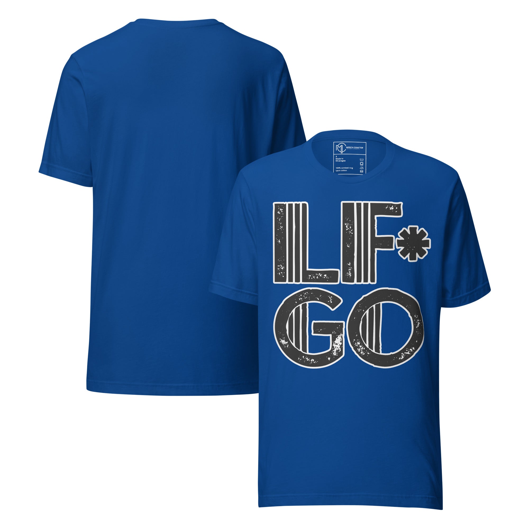 LF*GO Funny Retro Unisex T-Shirt in blue with bold distressed typography, ideal for casual wear and workouts.