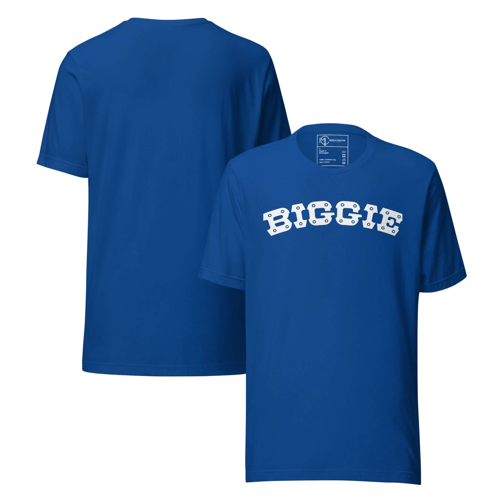 Biggie Retro Hip Hop Unisex T-Shirt in blue featuring bold block lettering on the front.