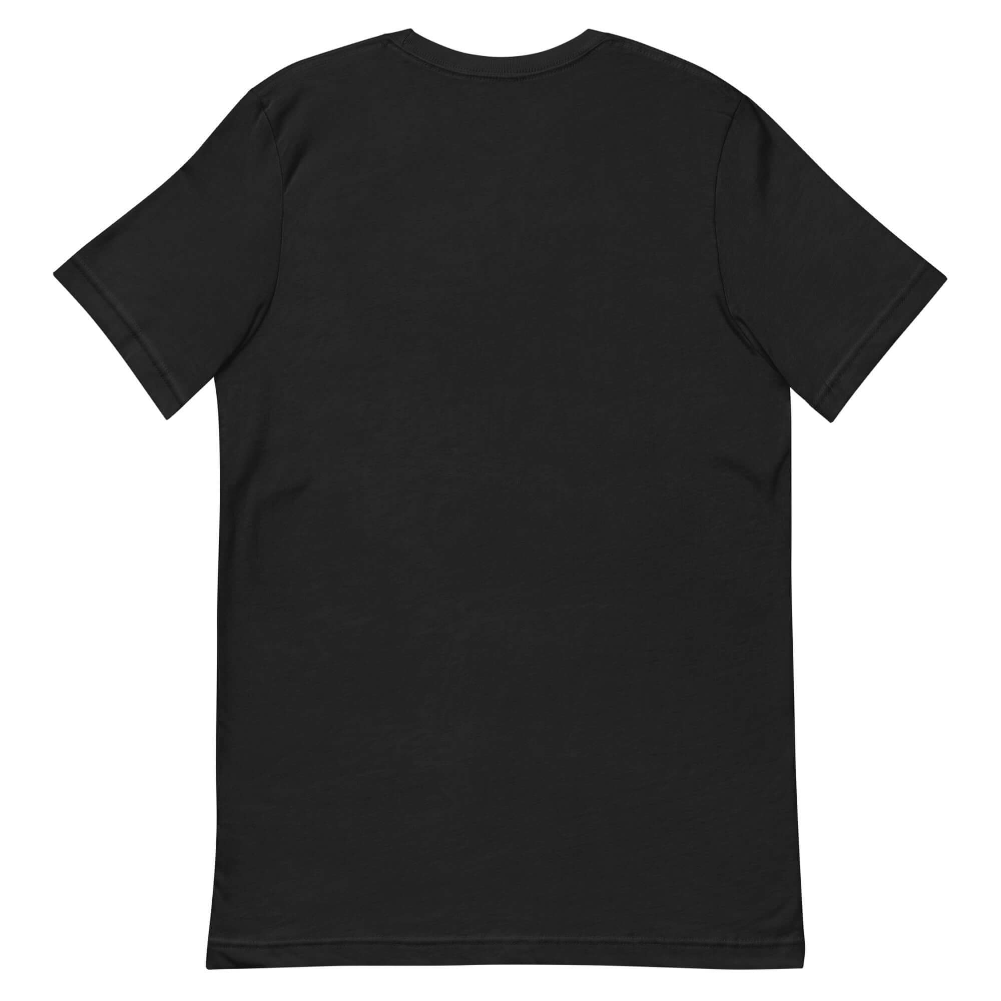 Back view of a black unisex t-shirt, perfect for casual wear and expressing personal style.