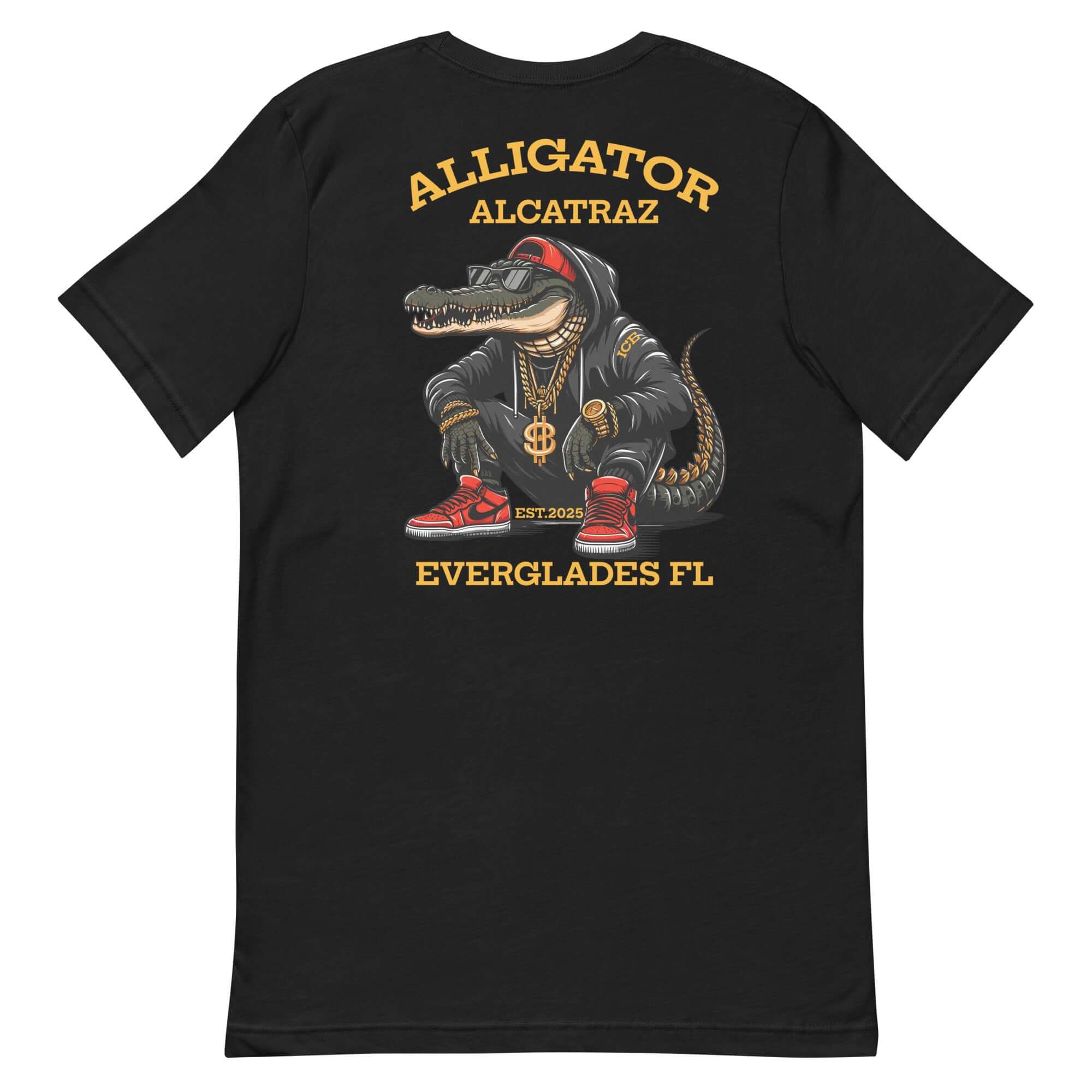 Alligator Alcatraz shirt featuring a cartoon gator in a hoodie and gold chains, capturing Florida's swamp humor.