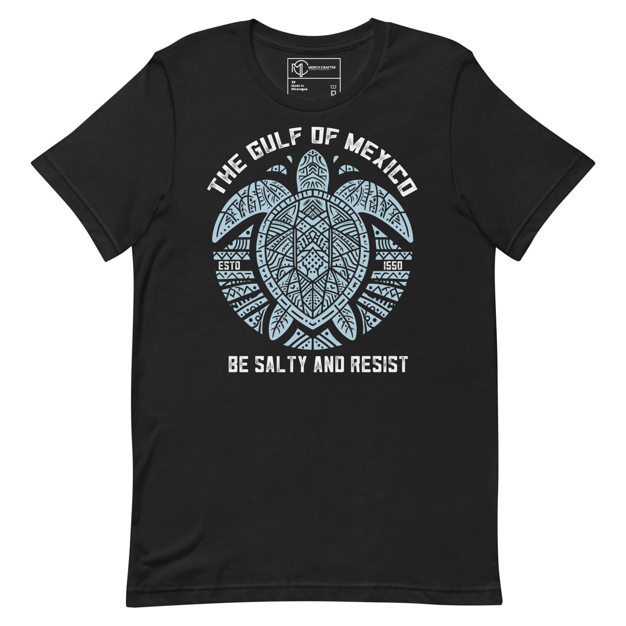 Gulf of Mexico Tribal Turtle t-shirt with 'Be Salty and Resist' message and tribal design in blue on black fabric.