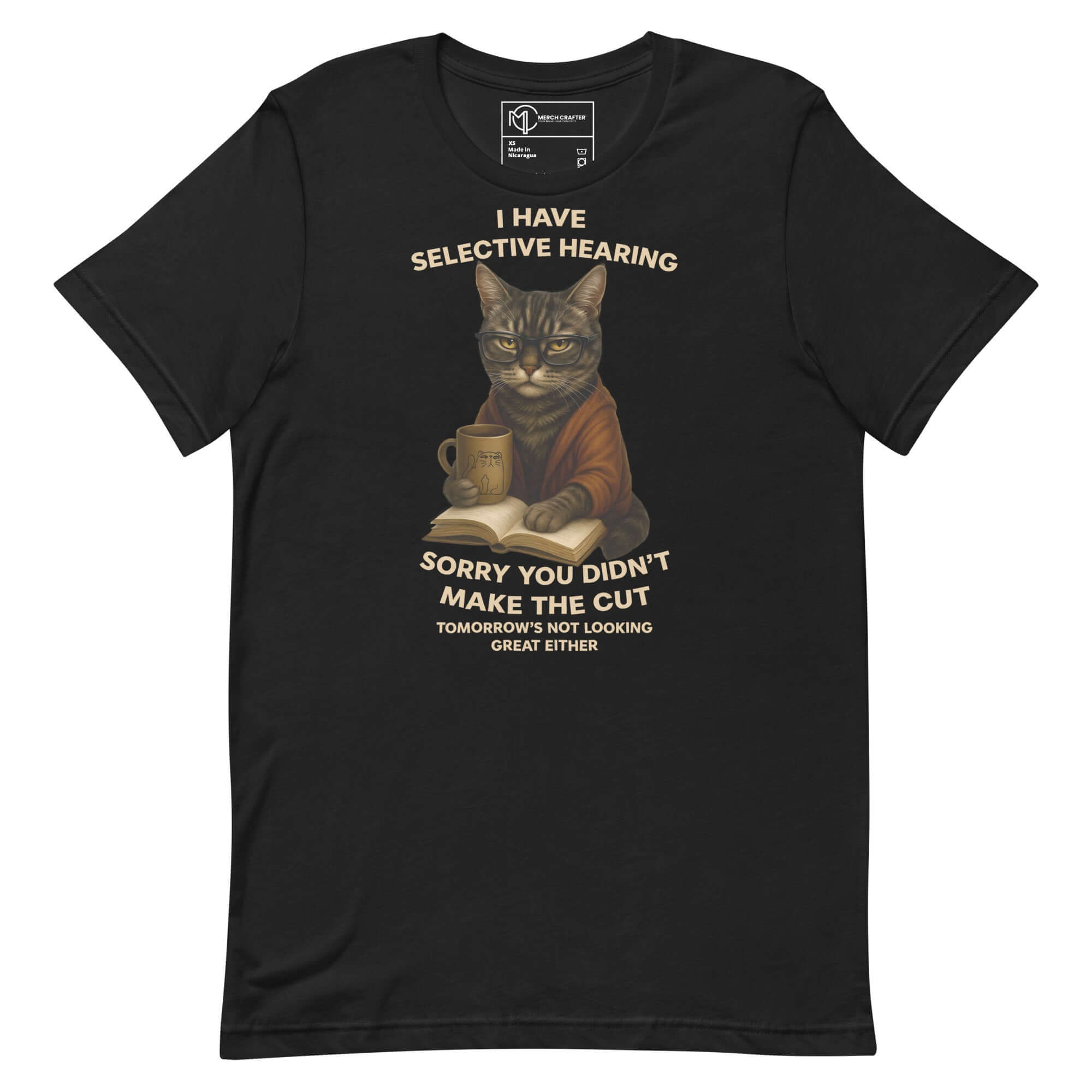I Have Selective Hearing unisex t-shirt with a moody cat design, perfect for sarcasm lovers and introverts.