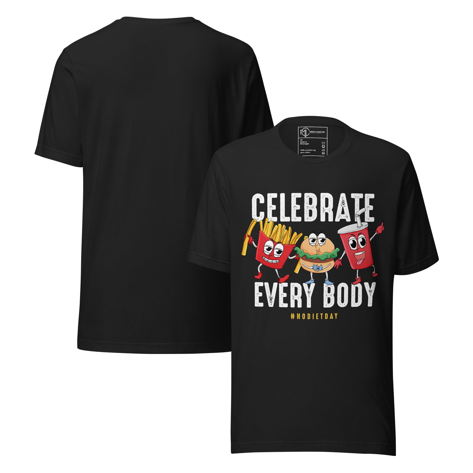 Celebrate Every Body No Diet Day Retro Unisex T-Shirt with cartoon fries, burger, and soda characters design.