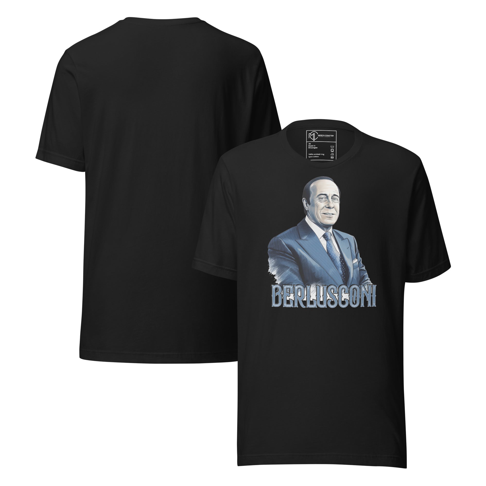 Berlusconi Retro Unisex T-Shirt featuring an illustrated portrait of Silvio Berlusconi on a black background.