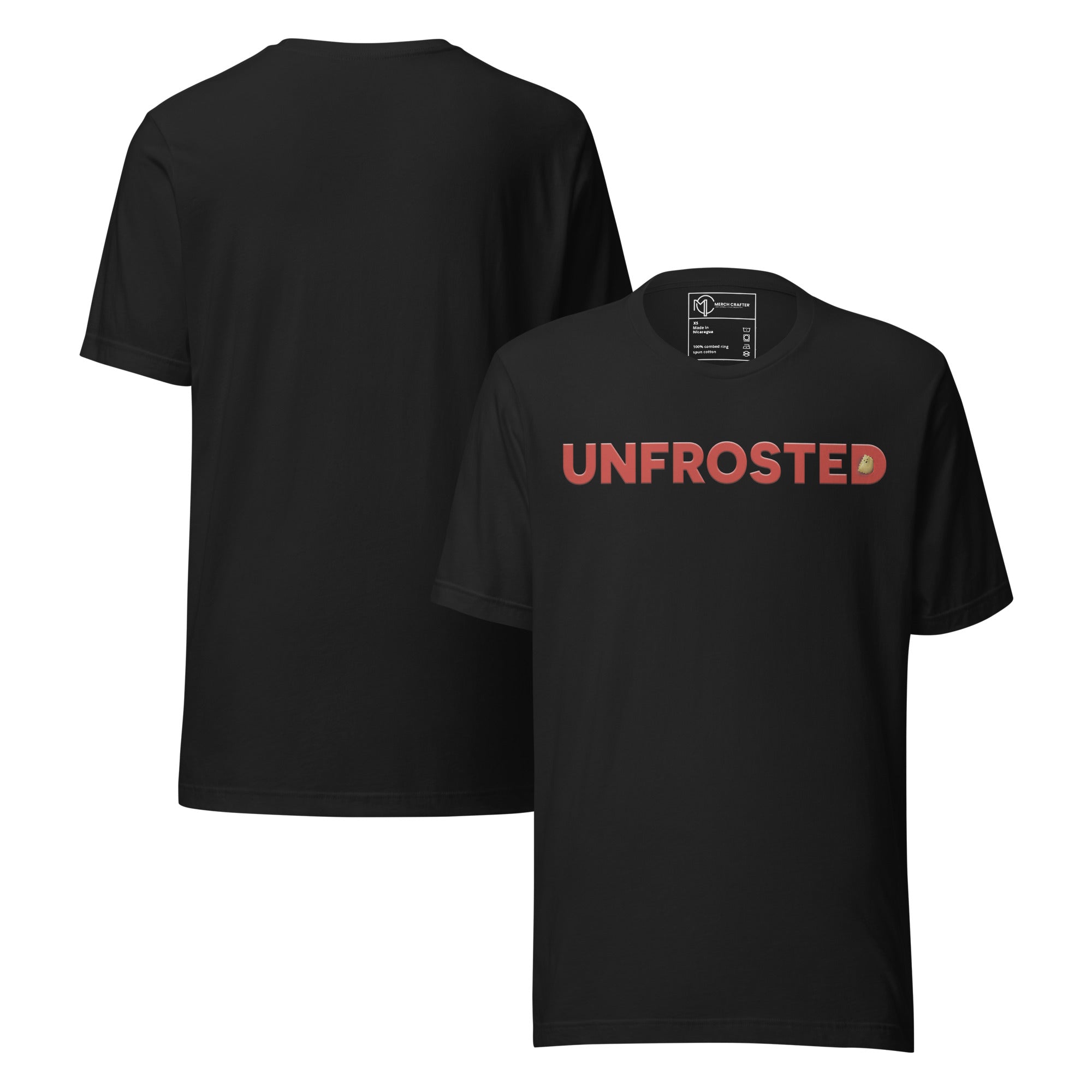 Unfrosted Funny Retro Unisex T-Shirt with bold red text on a black background, featuring a playful pastry emoji.