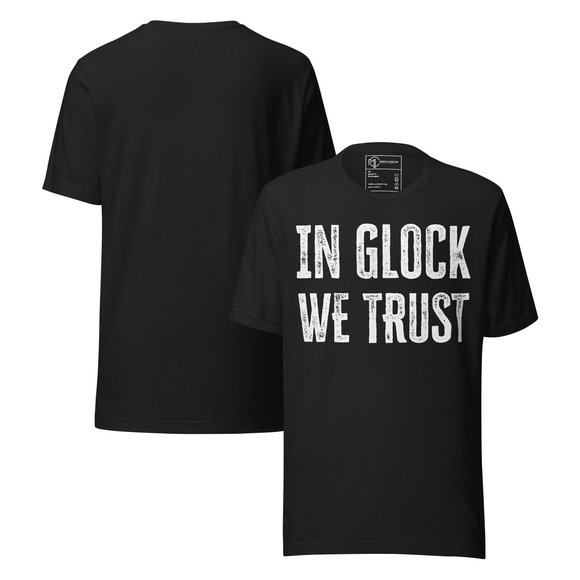 In Glock We Trust Retro Unisex T-Shirt in black with distressed block text, perfect for firearm enthusiasts.